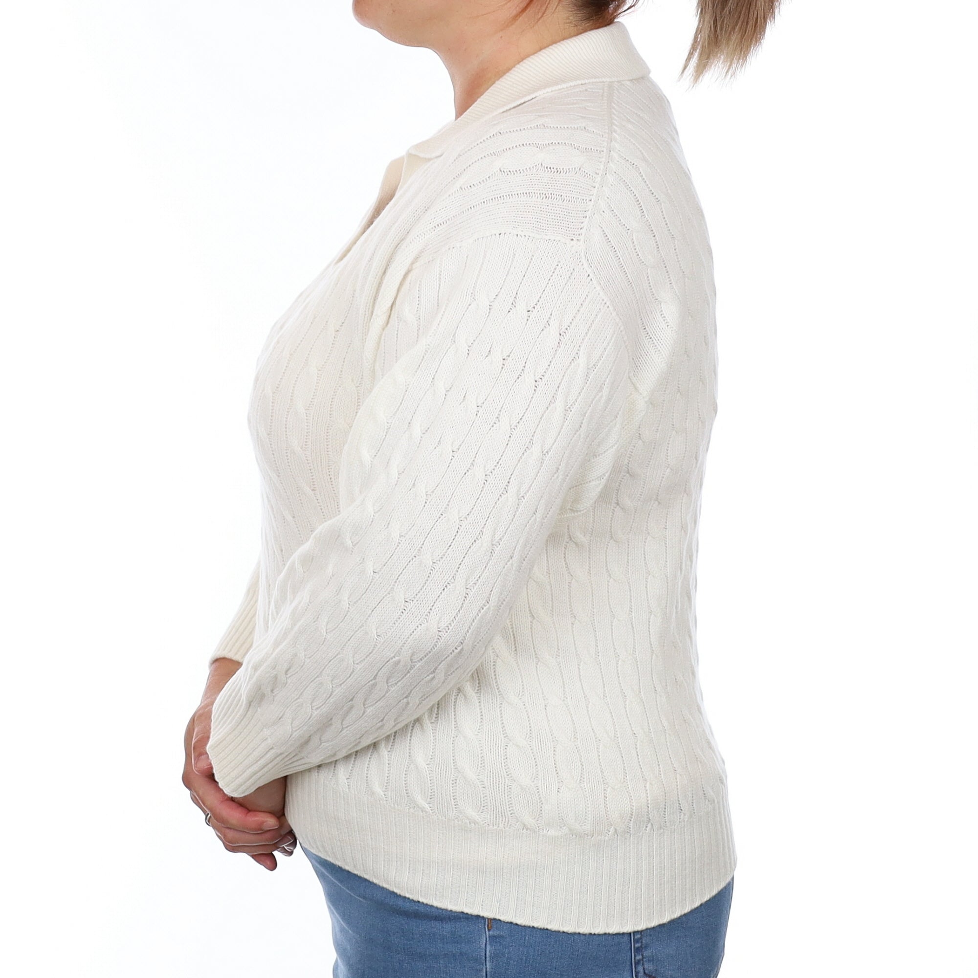 Brand New Scottish Winter White Cable Cashmere Collared V Neck Jumper Large