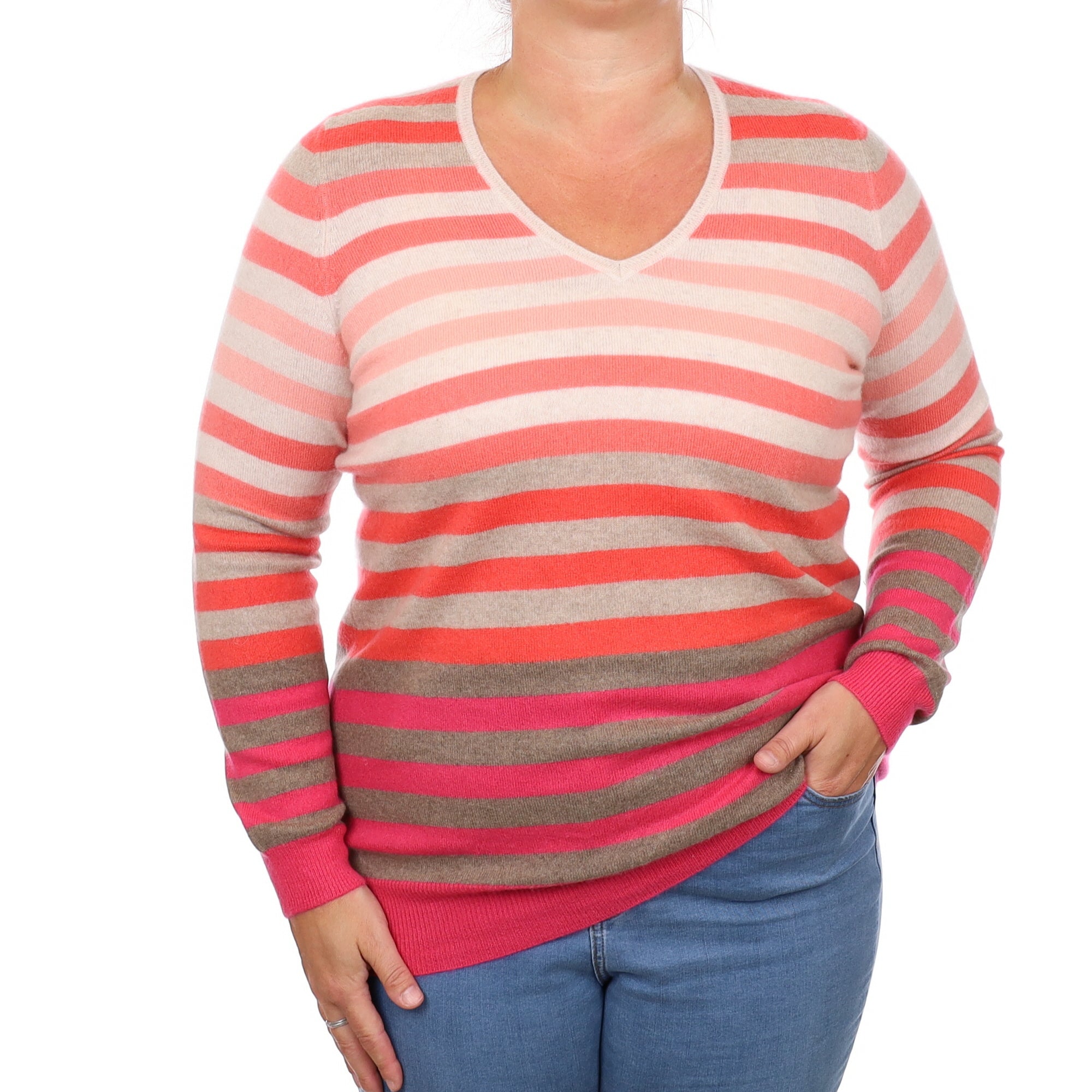 Coral and Pink Stripe Cashmere Longline V Neck Jumper Large