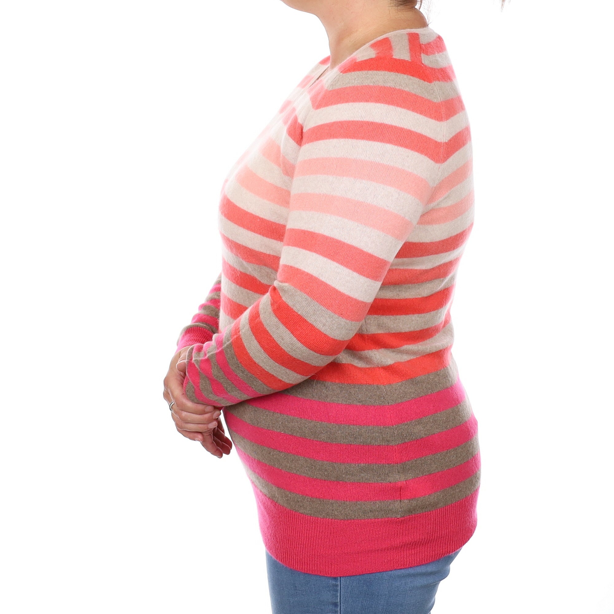 Coral and Pink Stripe Cashmere Longline V Neck Jumper Large