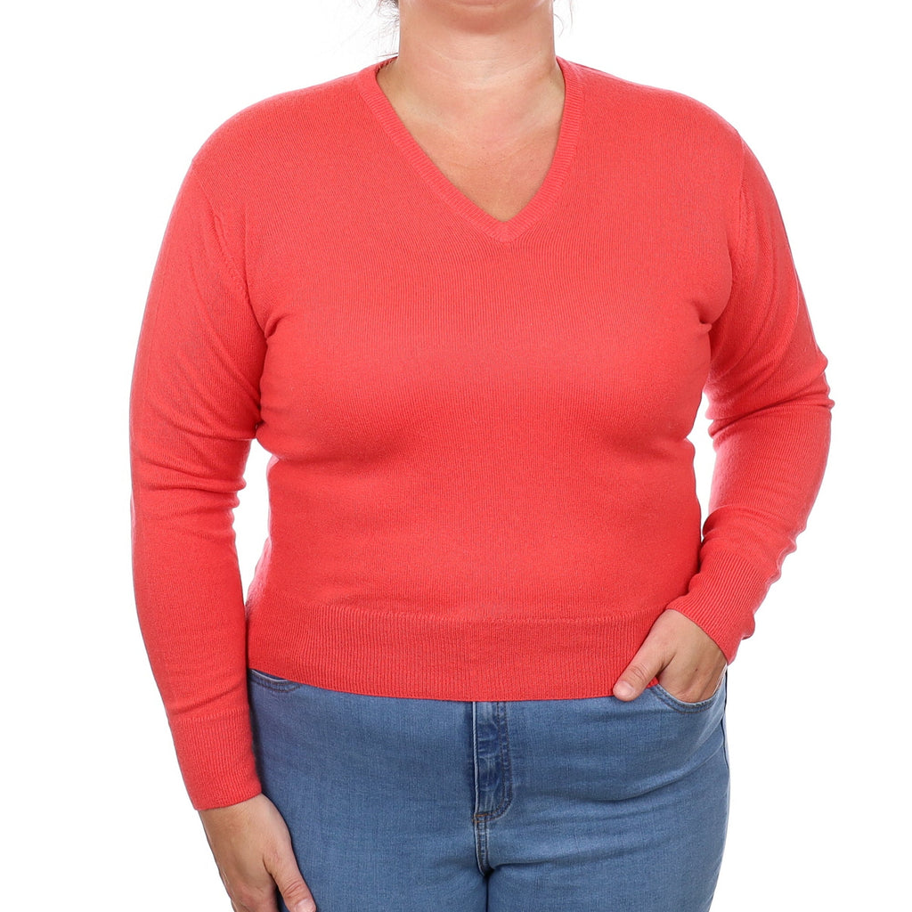 Deep Coral Cashmere V Neck Jumper Large