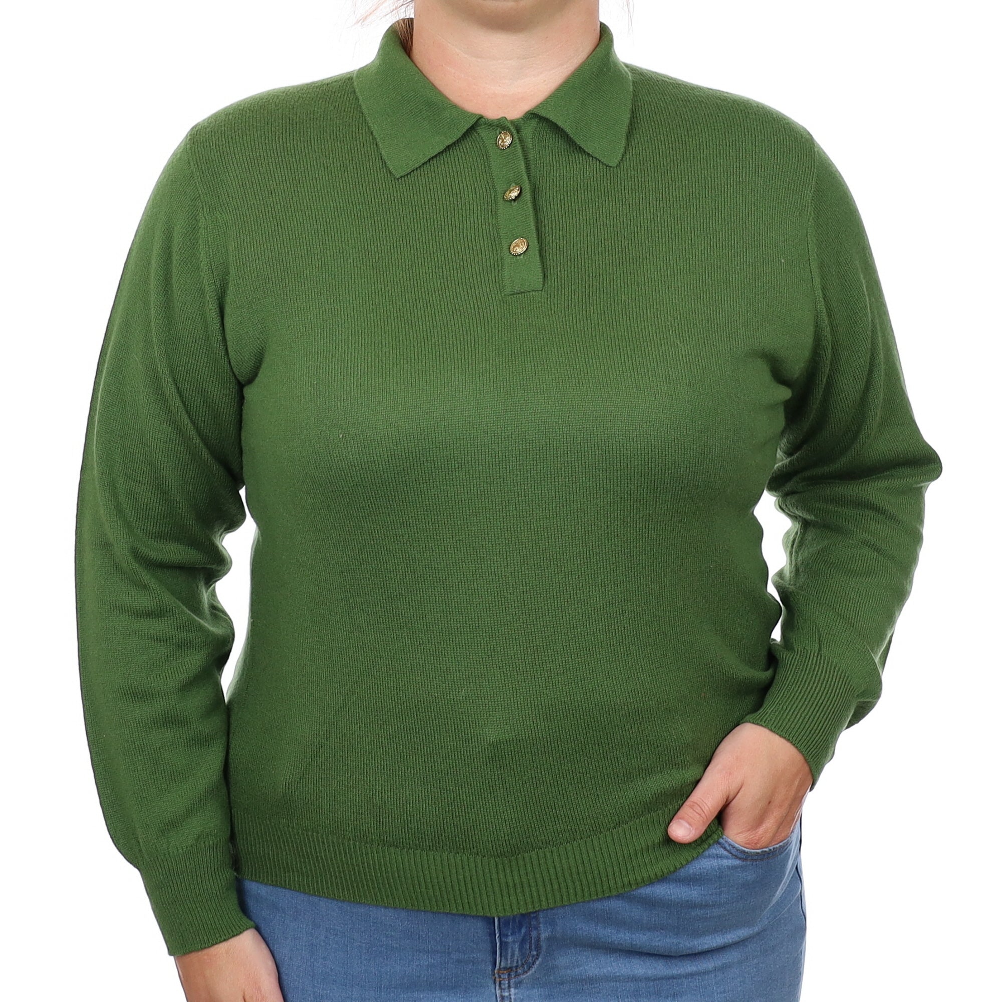 Fern Green Cashmere Collared V Neck Jumper Large
