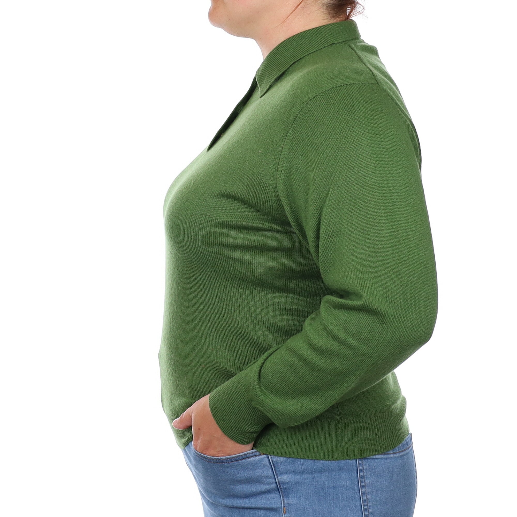 Fern Green Cashmere Collared V Neck Jumper Large