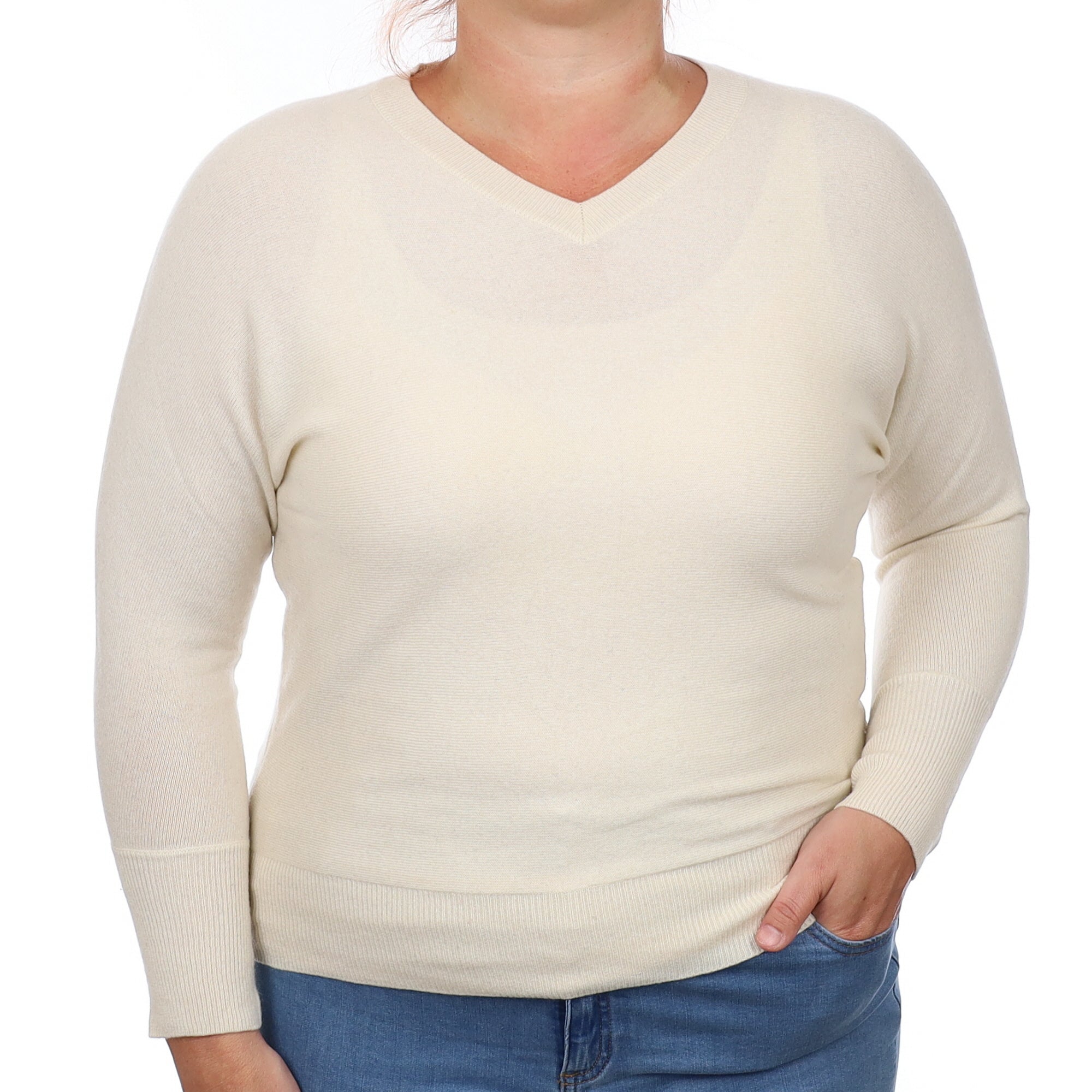 Vanilla Cream Cashmere Batwing V Neck Jumper Large