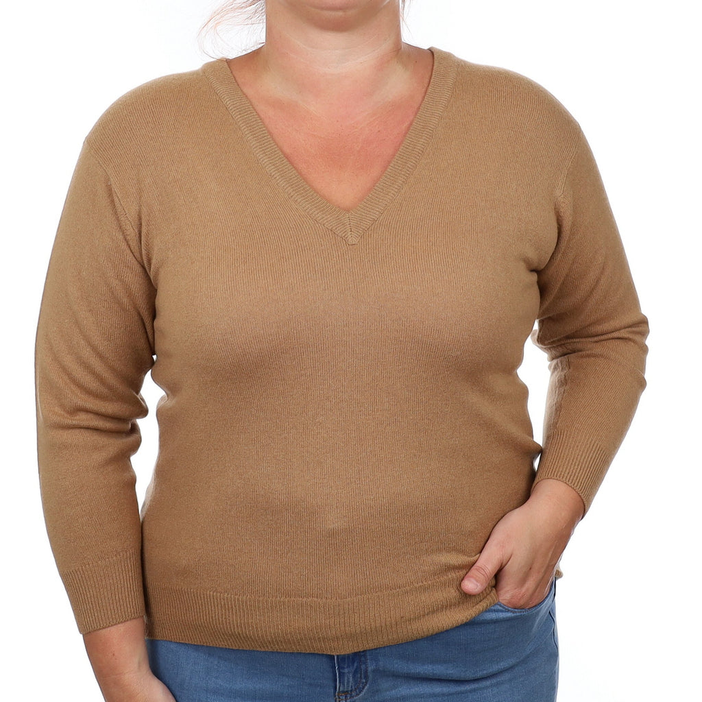 Toffee Brown Cashmere V Neck Jumper Large
