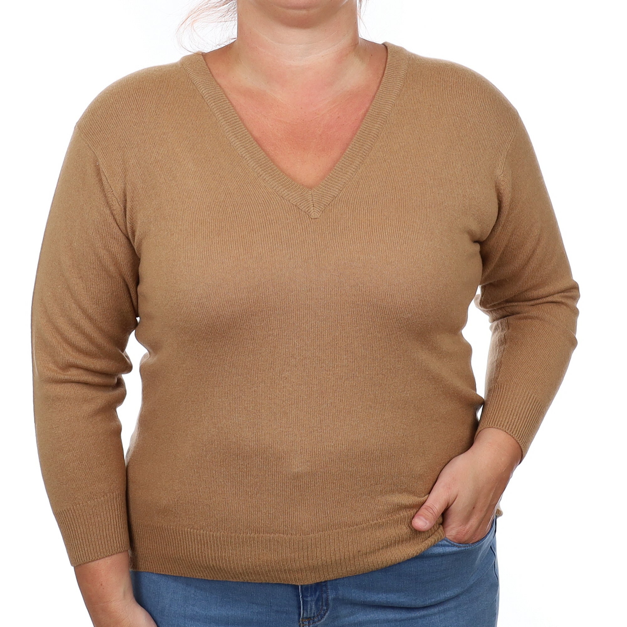 Toffee Brown Cashmere V Neck Jumper Large