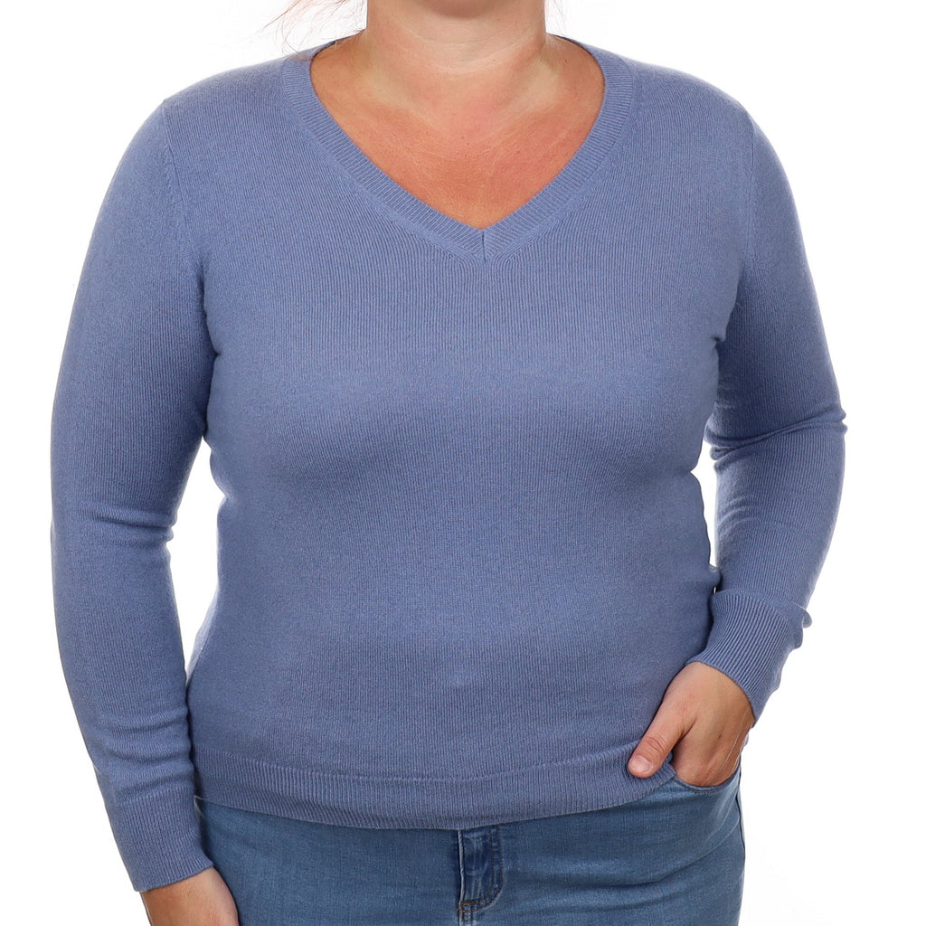 Dusky Blue Cashmere V Neck Jumper Large