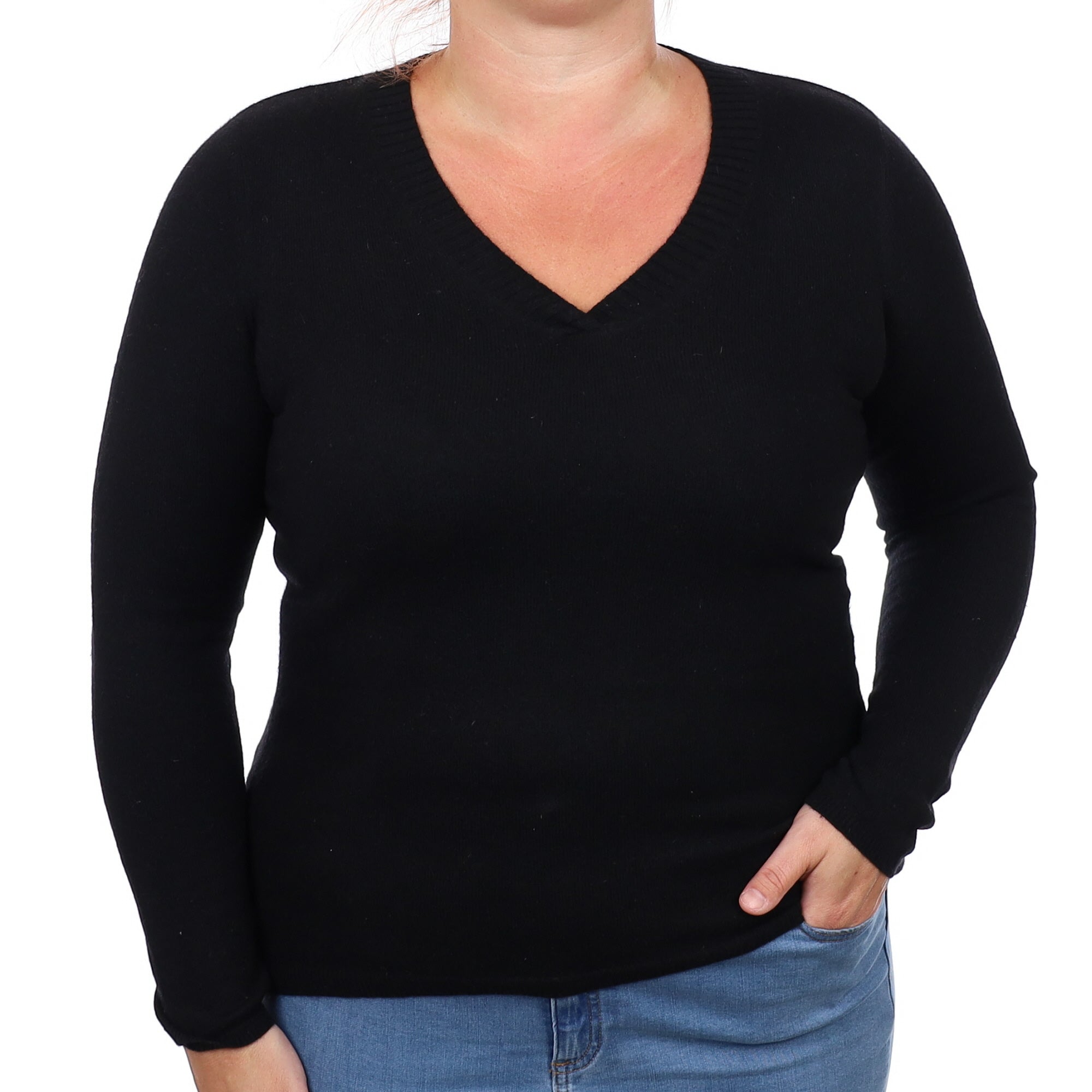 Black Cashmere V Neck Jumper Large