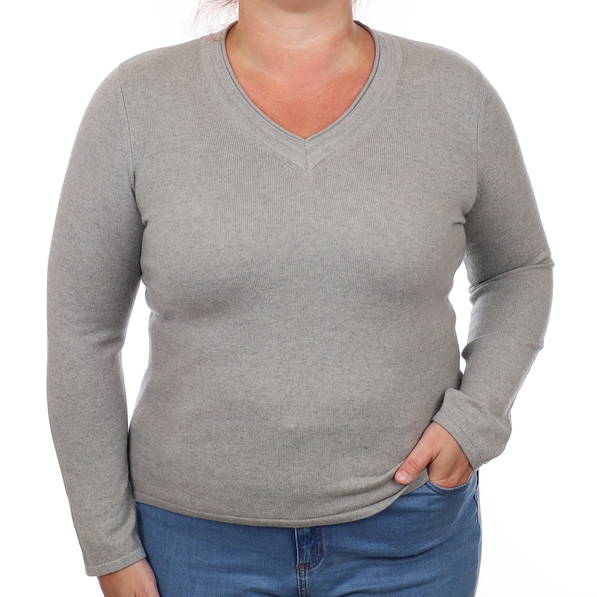 Pebble Grey Cashmere V Neck Jumper Large