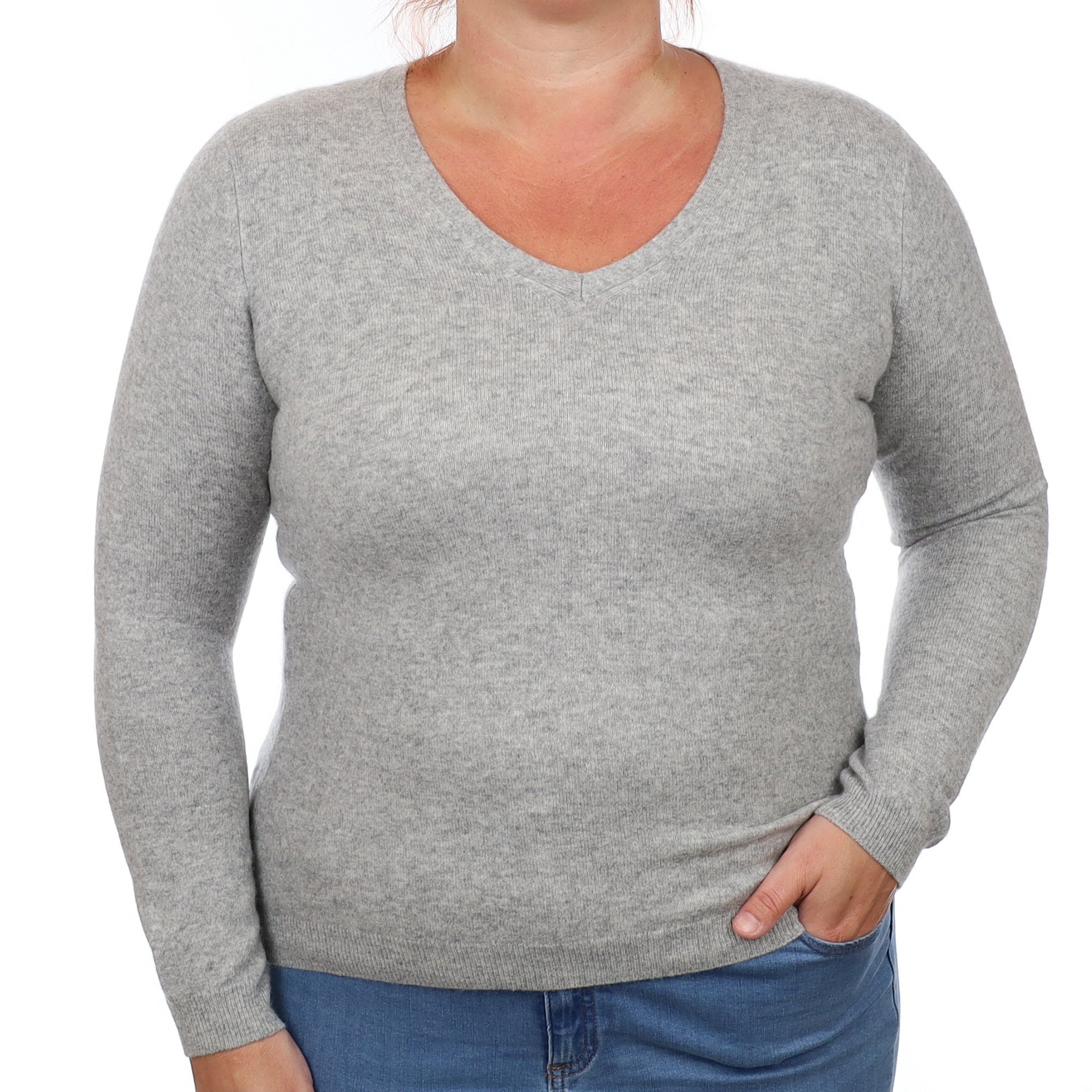 Smoke Grey Cashmere V Neck Jumper Large