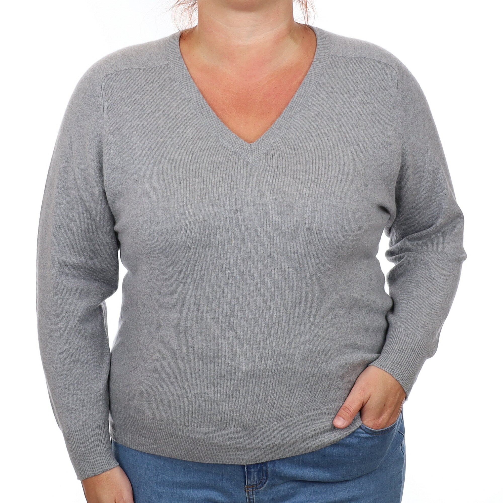 Smoke Grey Cashmere V Neck Jumper Large