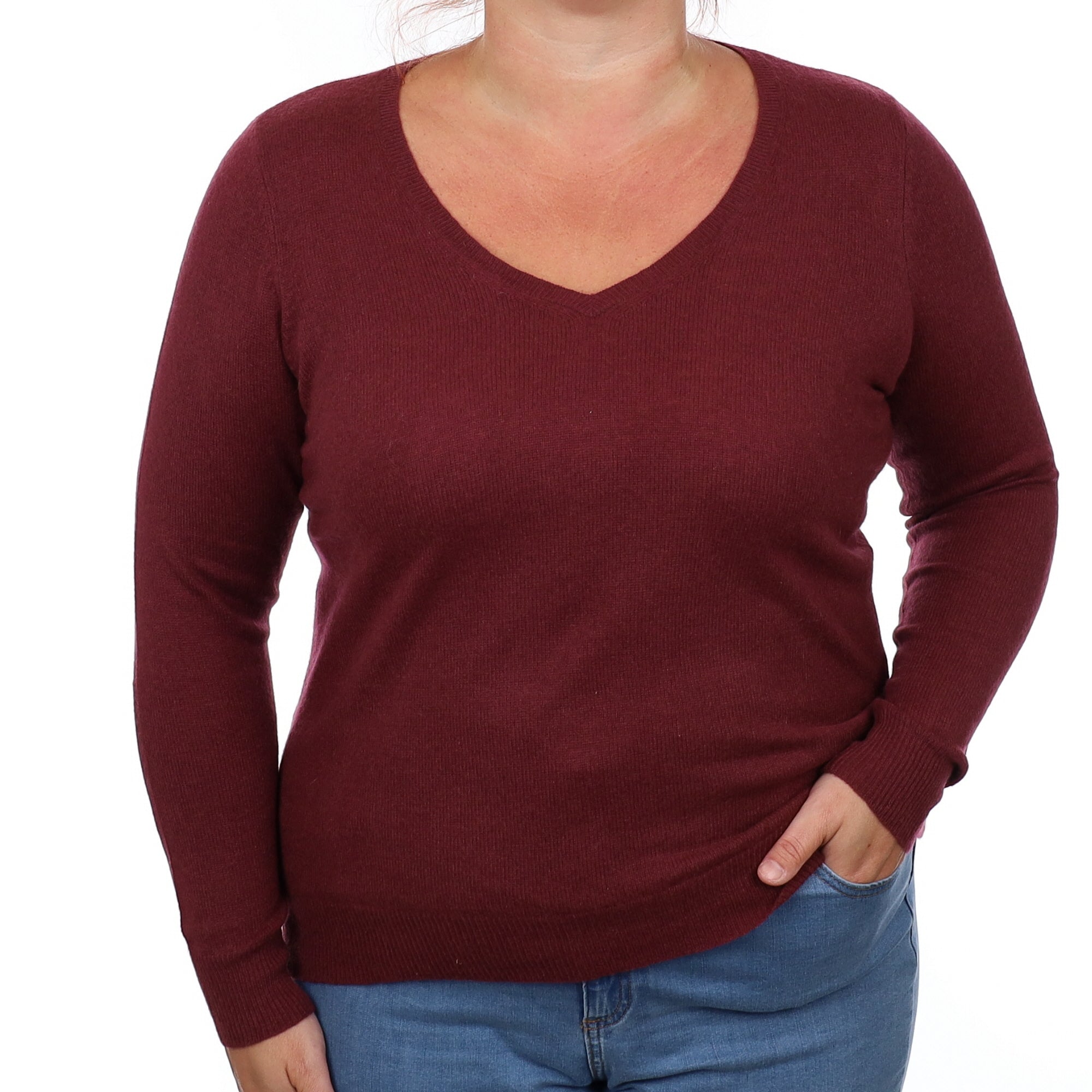Aubergine Cashmere V Neck Jumper Large