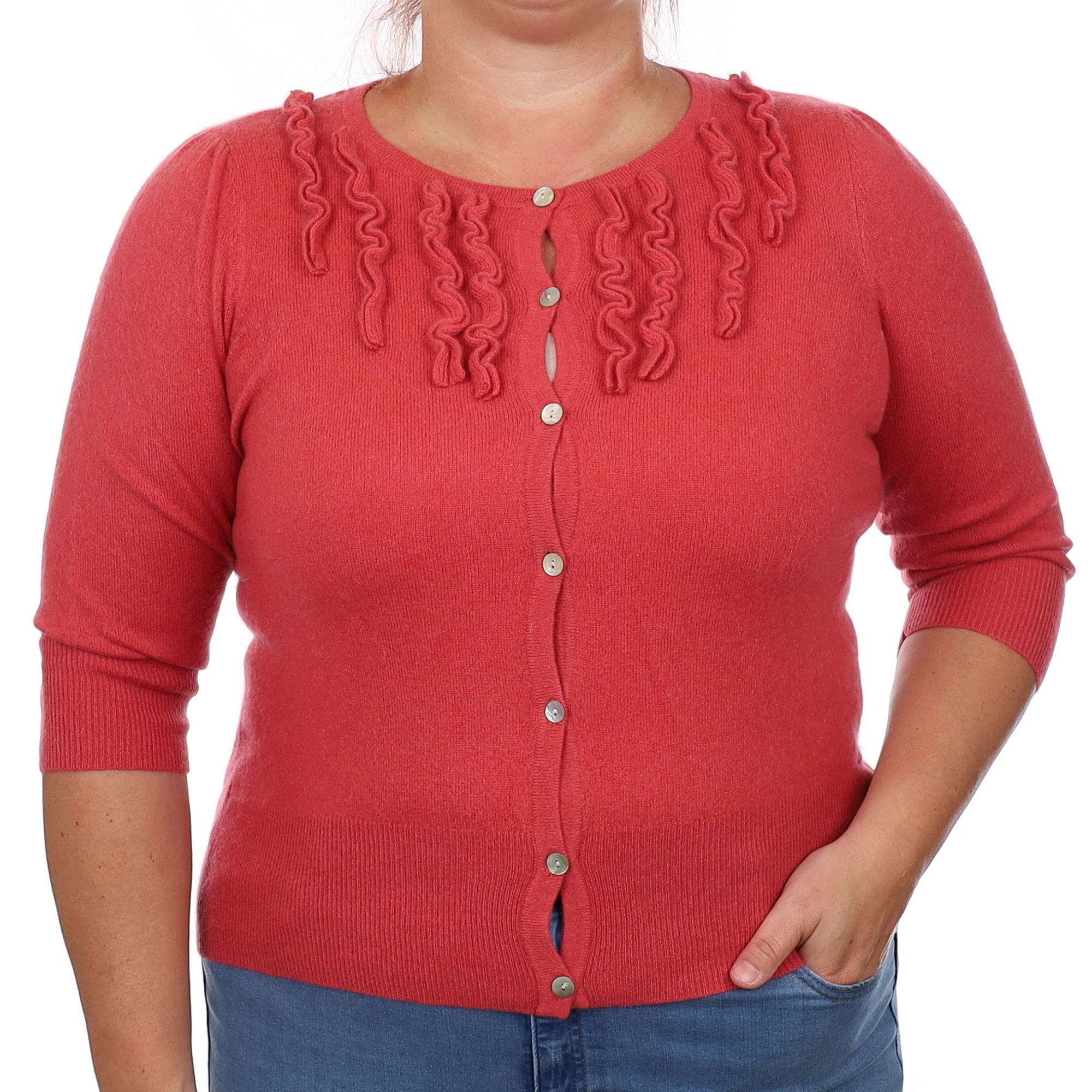 Cranberry Pink Cashmere Ruffle Crew Neck Cardigan Large