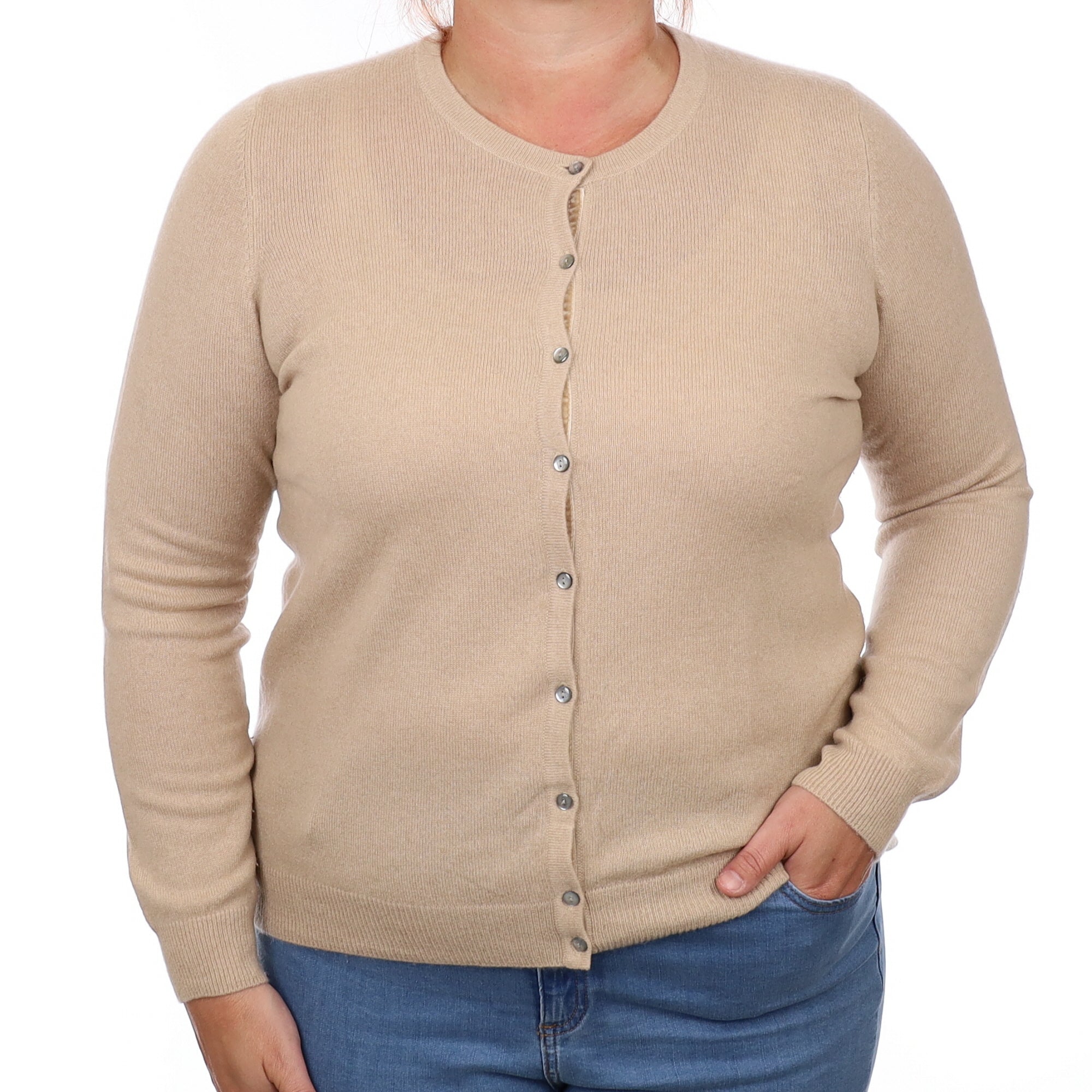 Biscuit Beige Cashmere Crew Neck Cardigan Large