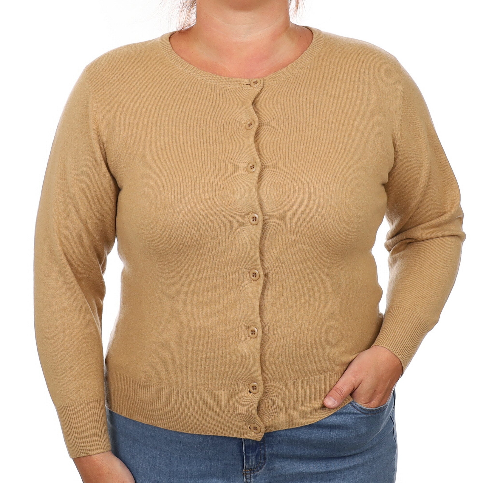 Caramel Brown Cashmere Crew Neck Cardigan Large