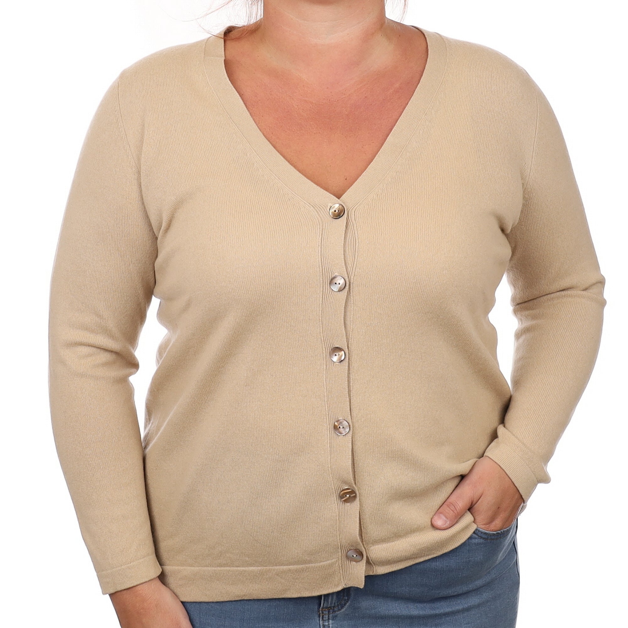 Beige Cashmere V Neck Cardigan Large
