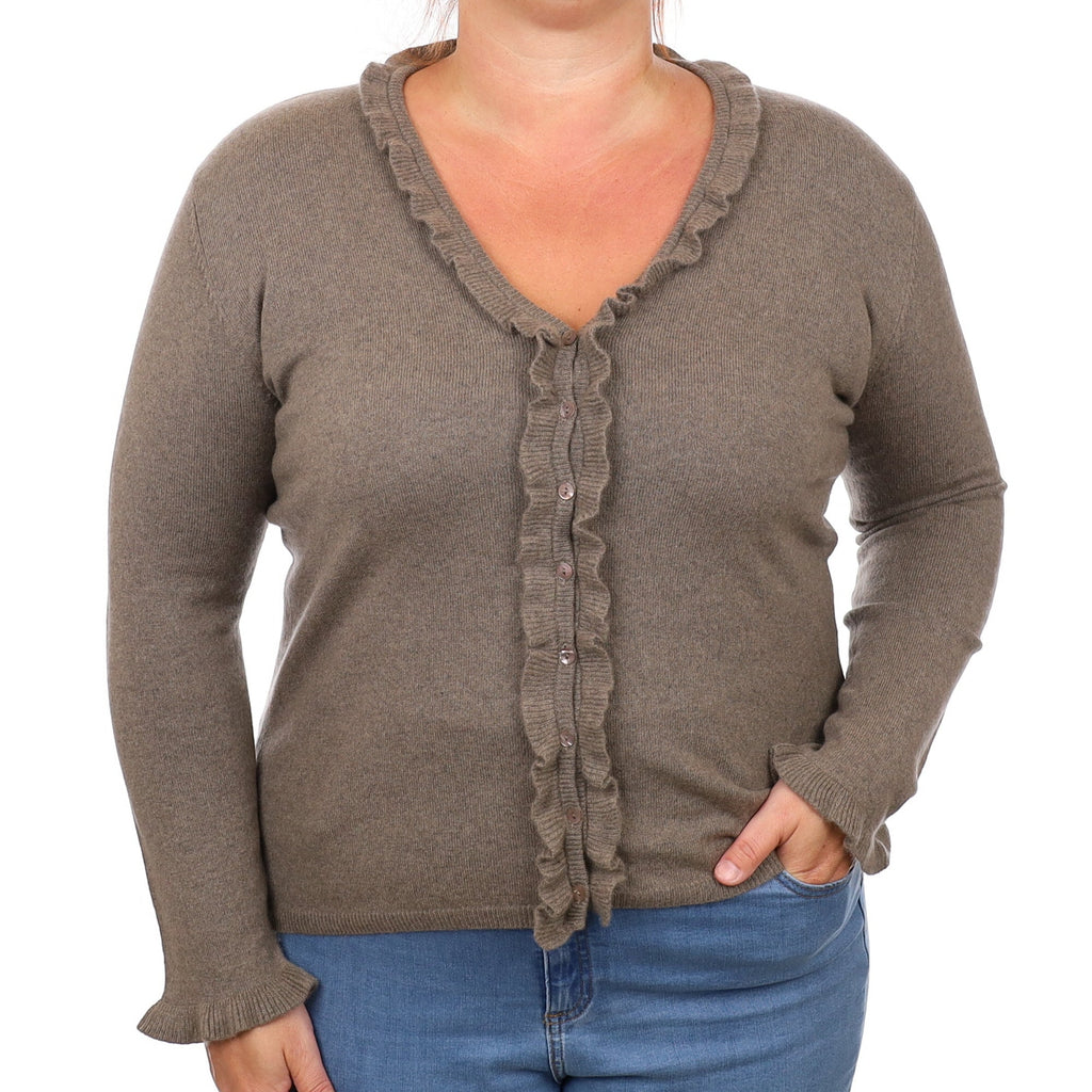 Donkey Brown Cashmere Frill Trim V Neck Cardigan Large