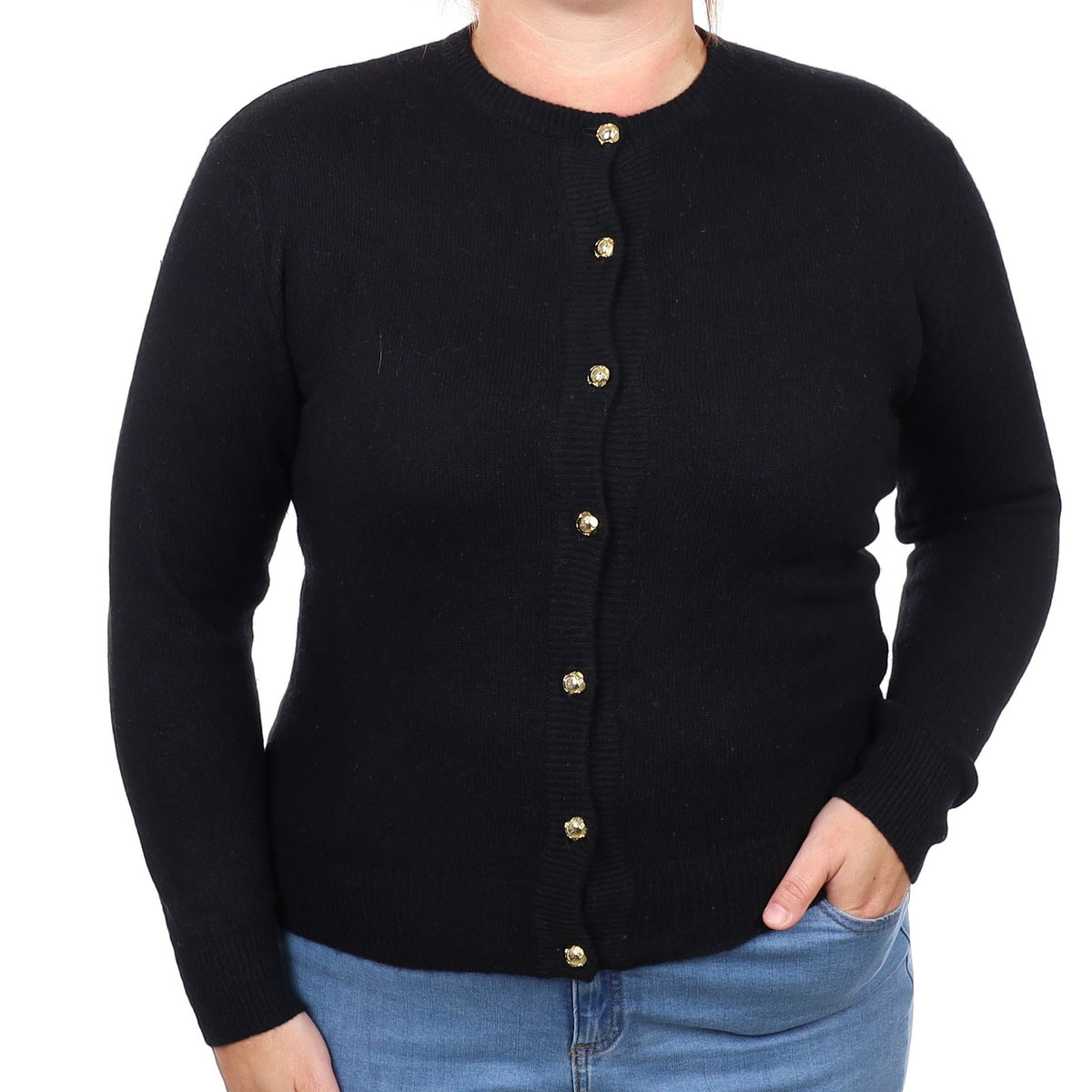 Black Cashmere Crew Neck Cardigan Large