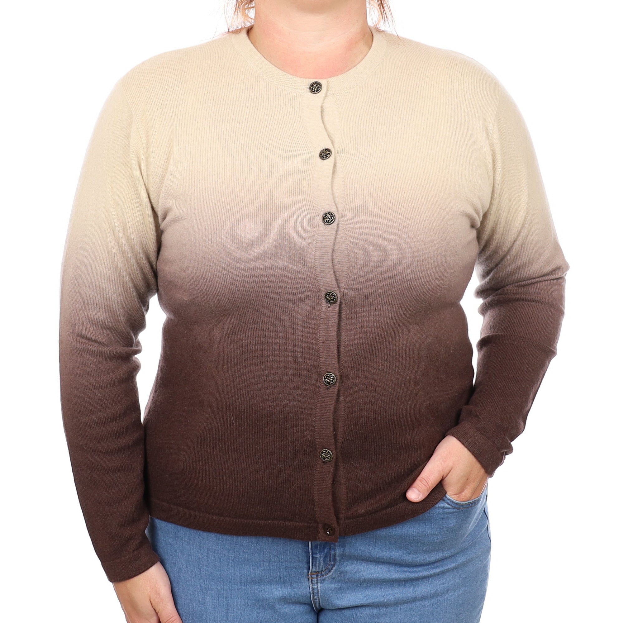 Biscuit and Chocolate Ombré Cashmere Crew Neck Cardigan Large