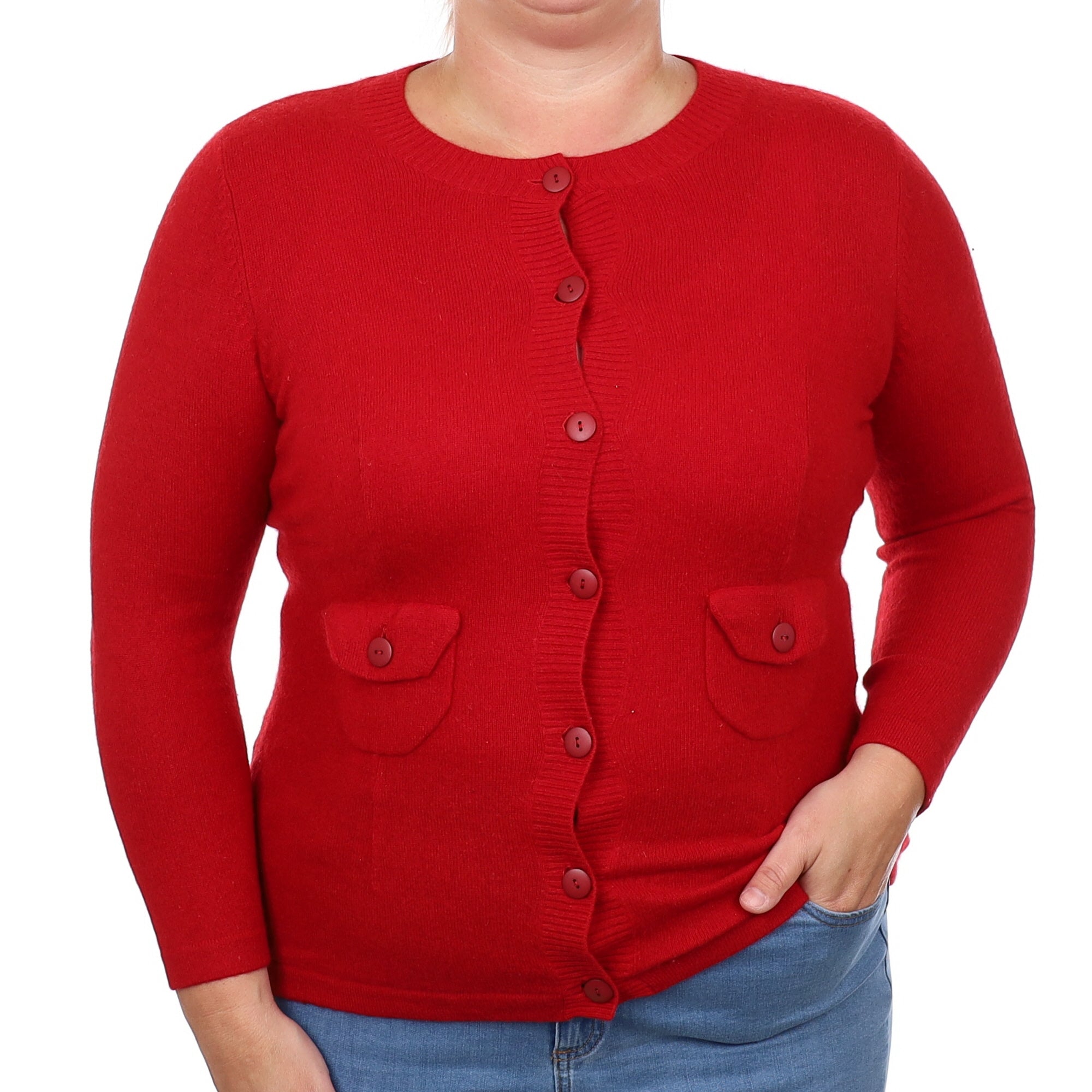 Post Box Red Cashmere Crew Neck Cardigan with Pockets Large