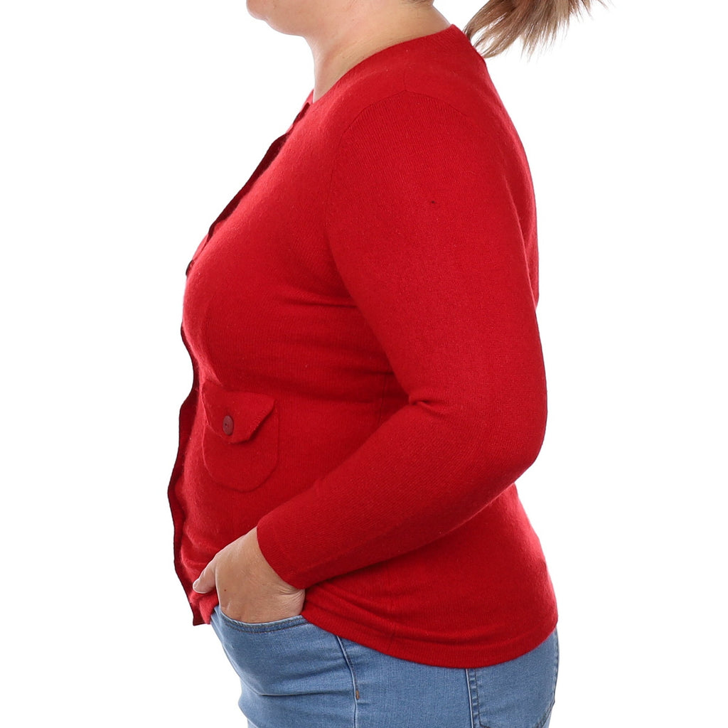 Post Box Red Cashmere Crew Neck Cardigan with Pockets Large