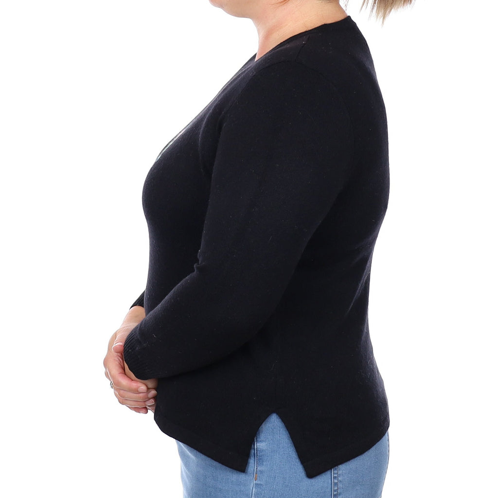Black Flower Motif Cashmere Crew Neck Jumper Large