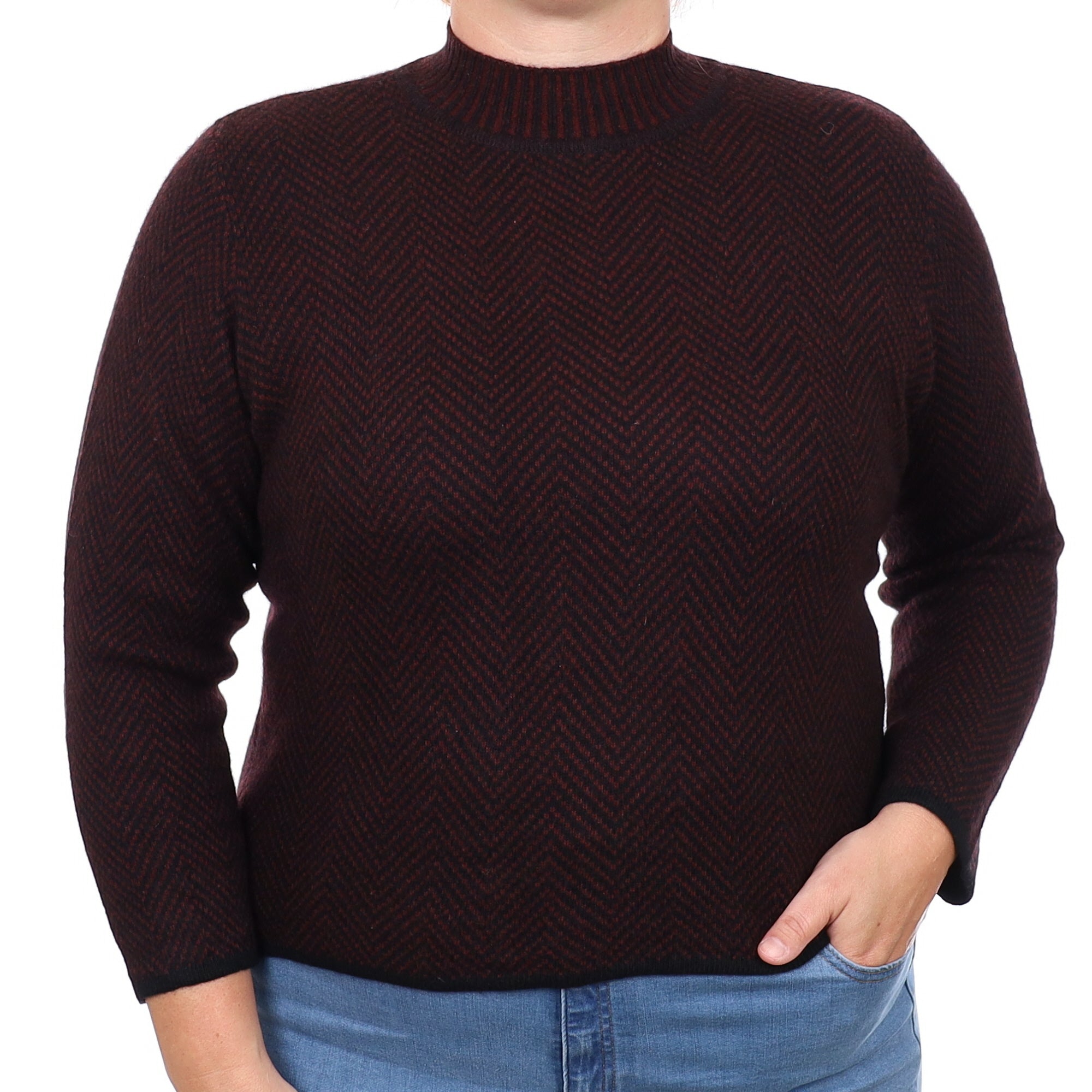 Burgundy and Black Herringbone Cashmere Turtle Neck Jumper Large