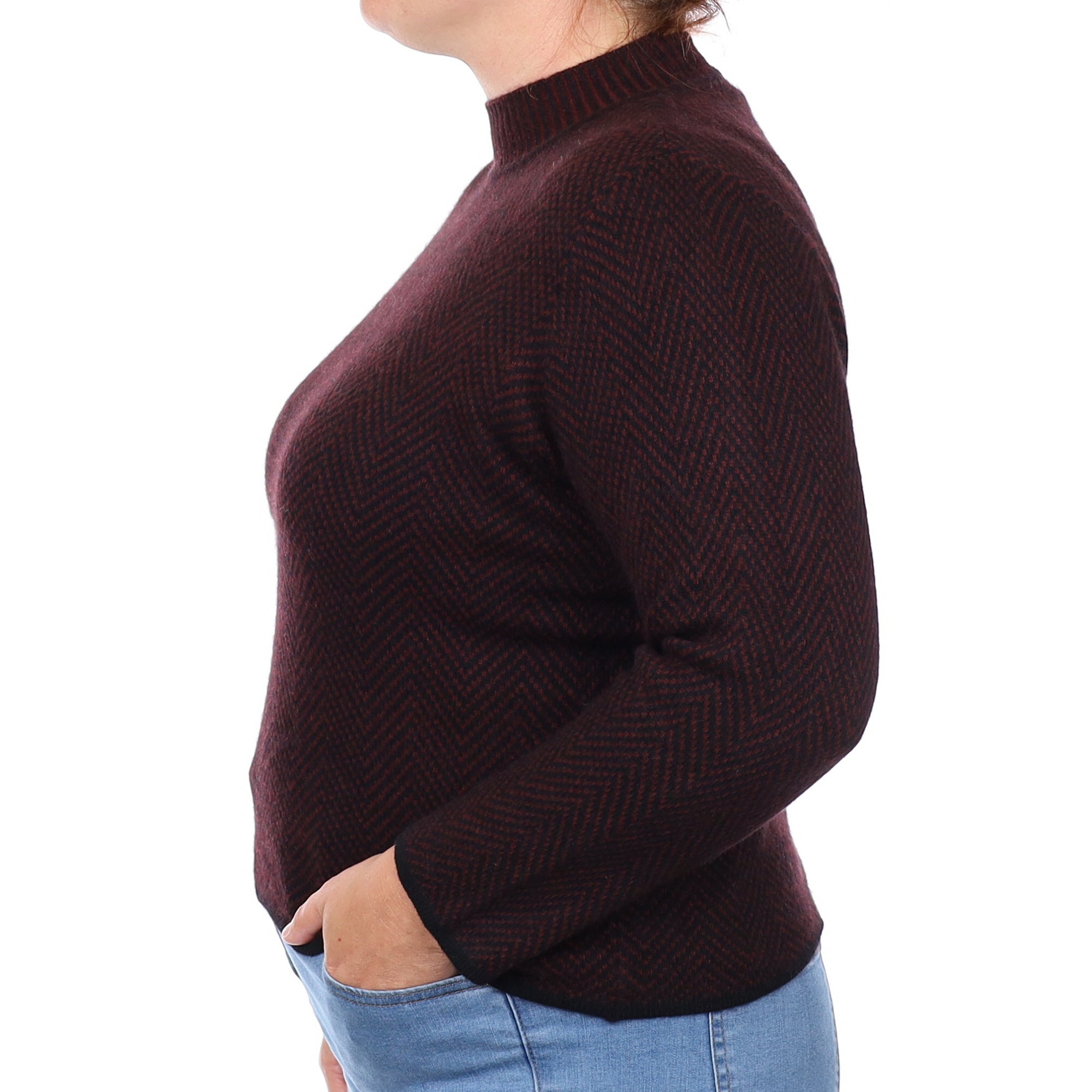 Burgundy and Black Herringbone Cashmere Turtle Neck Jumper Large