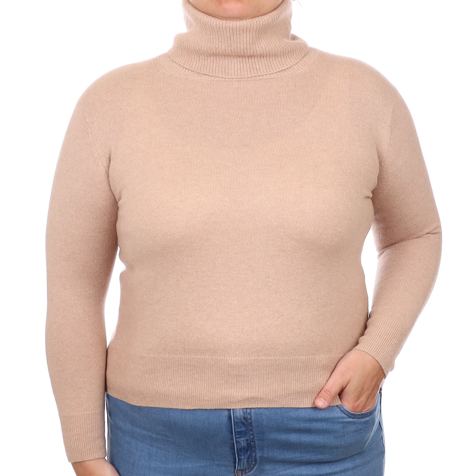 Buff Beige Cashmere Polo Neck Jumper Large