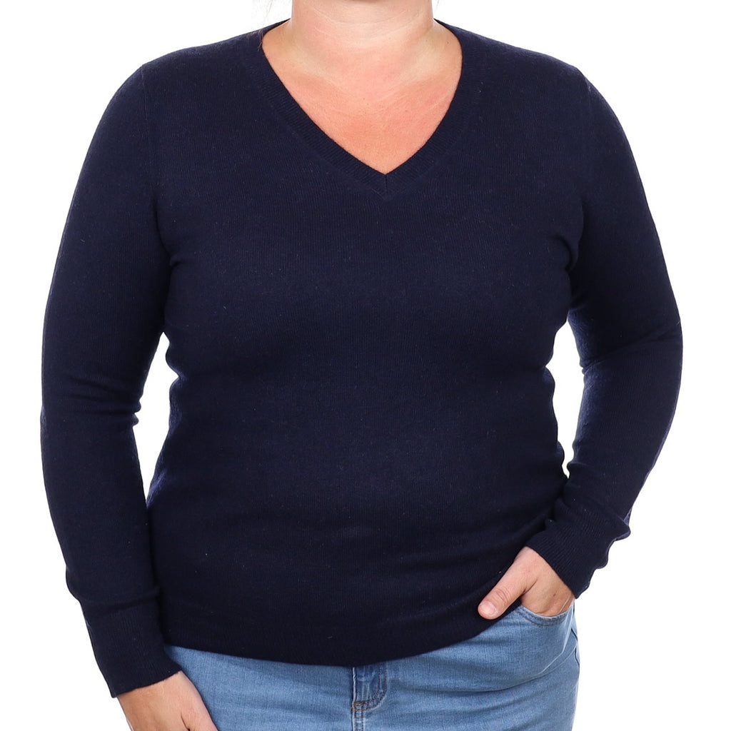 Navy Blue Cashmere V Neck Jumper Large