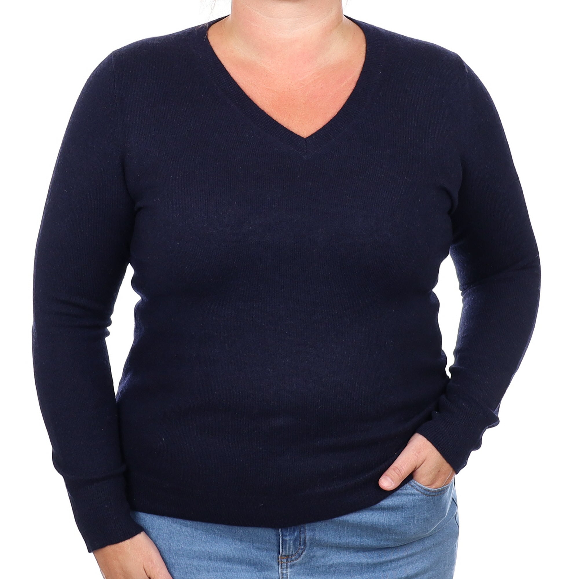 Navy Blue Cashmere V Neck Jumper Large