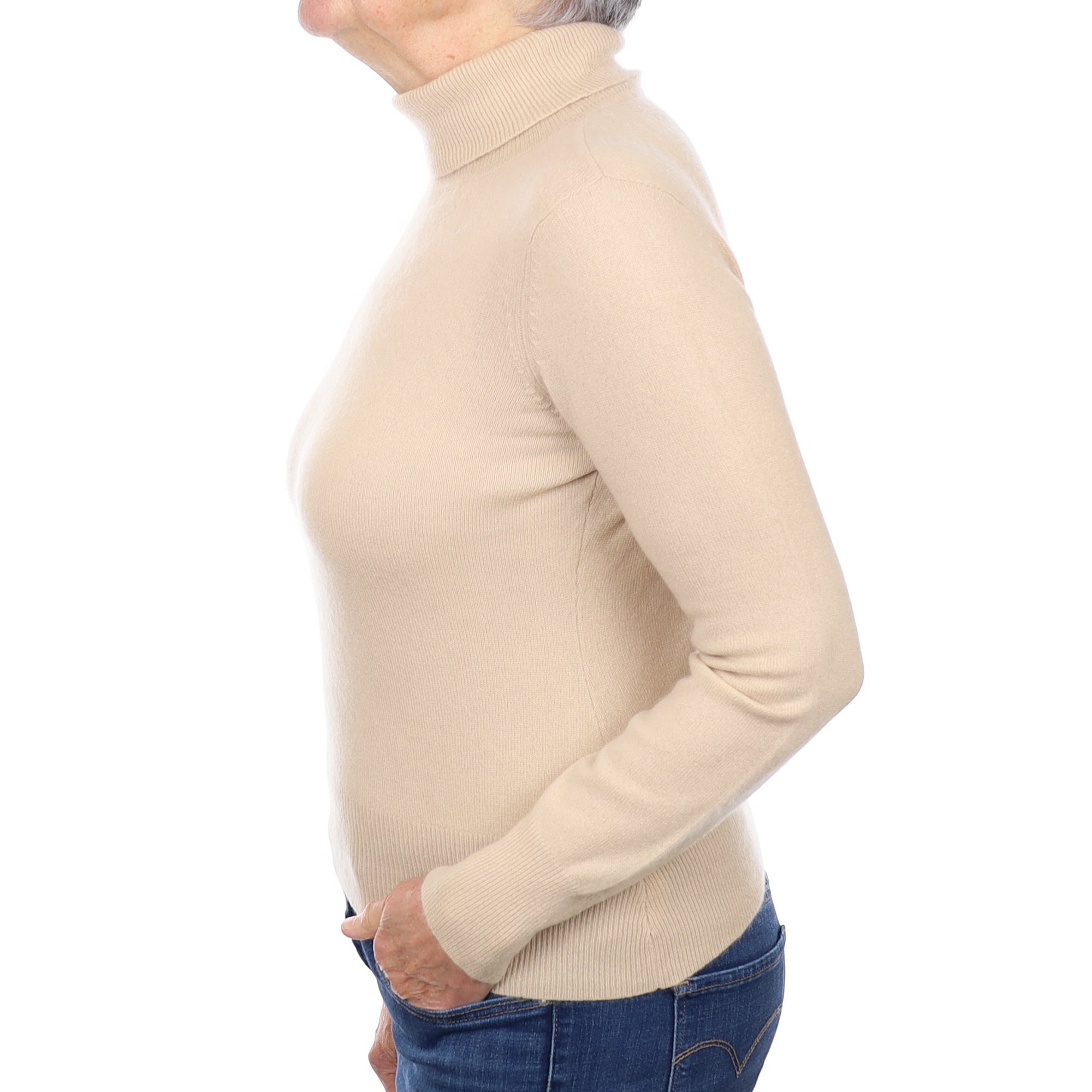 Sand Beige Cashmere Polo Neck Jumper Medium