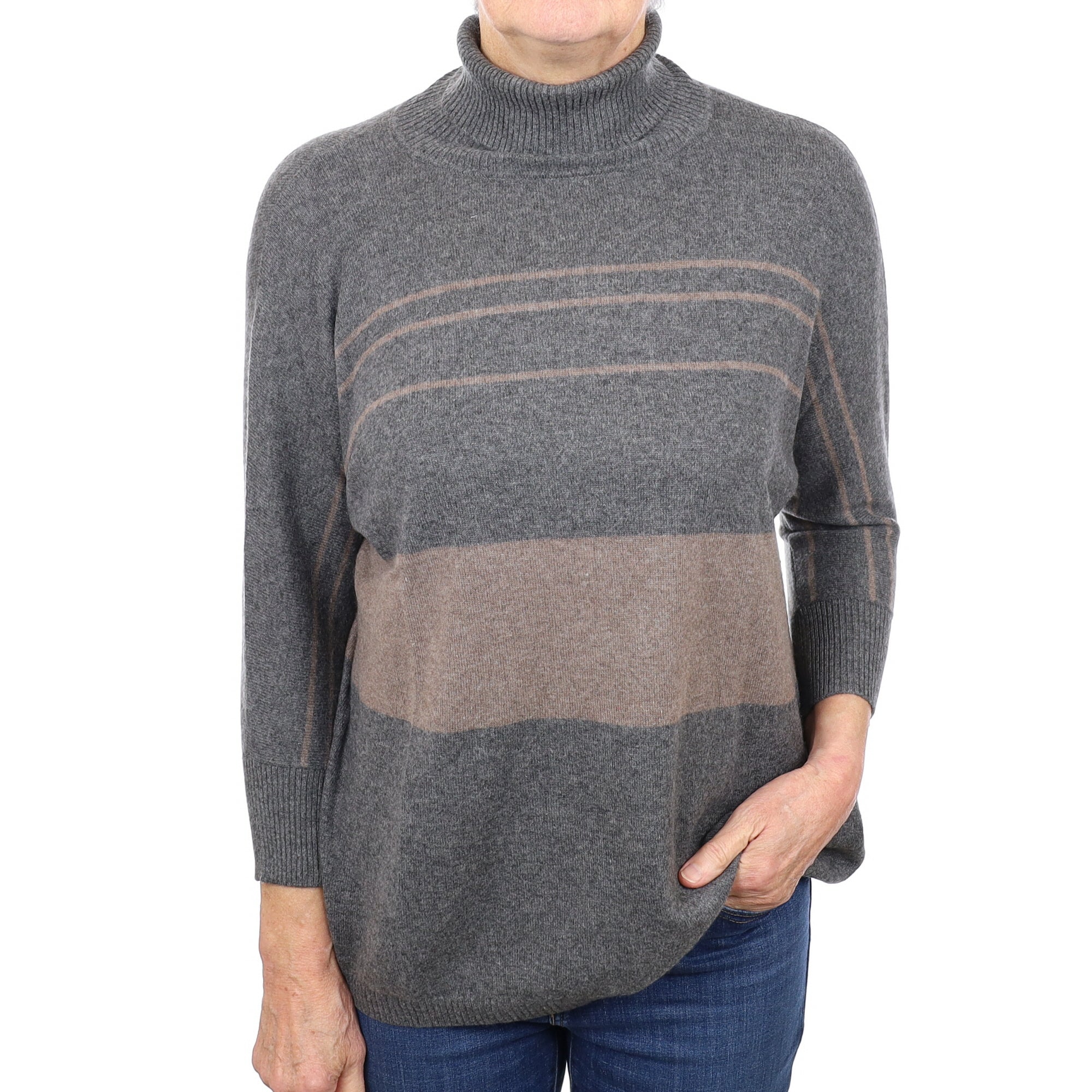 Slate Grey and Taupe Striped Cashmere Polo Neck Jumper Medium