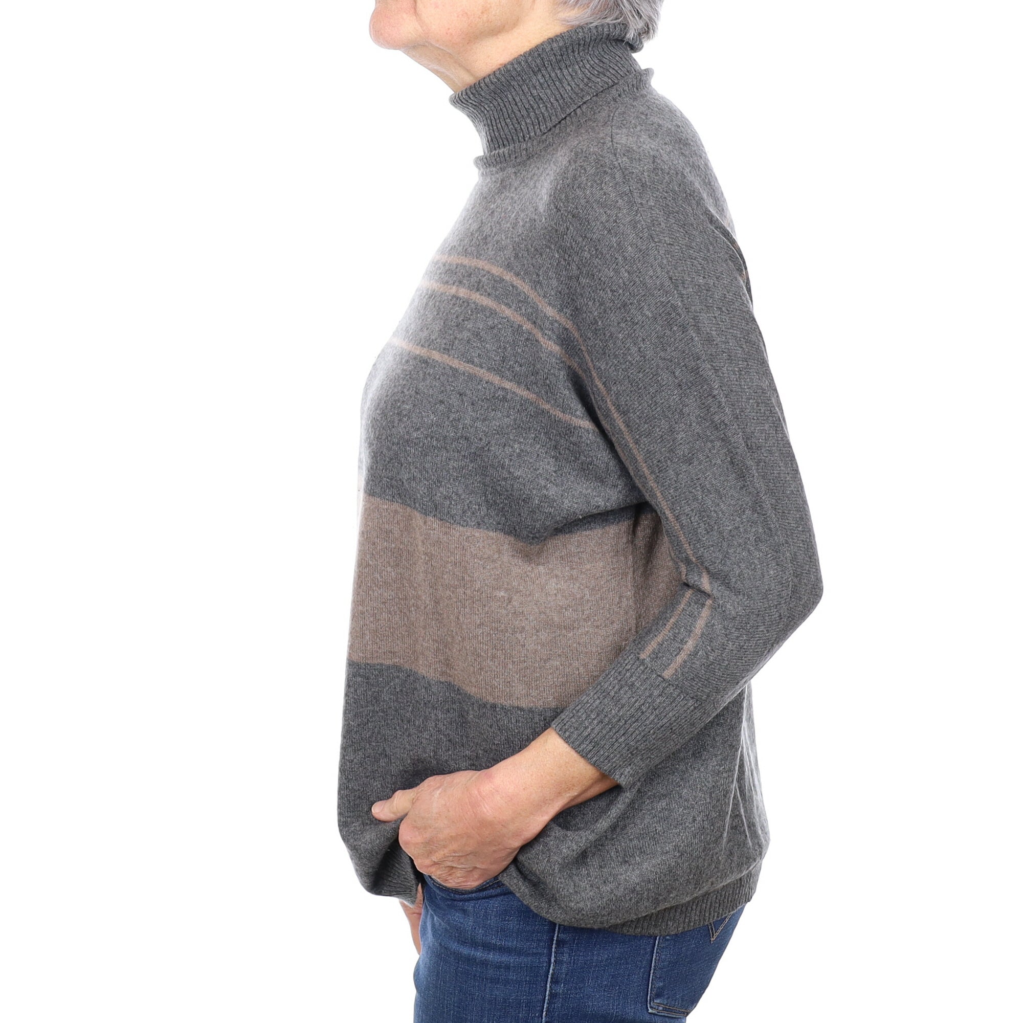 Slate Grey and Taupe Striped Cashmere Polo Neck Jumper Medium