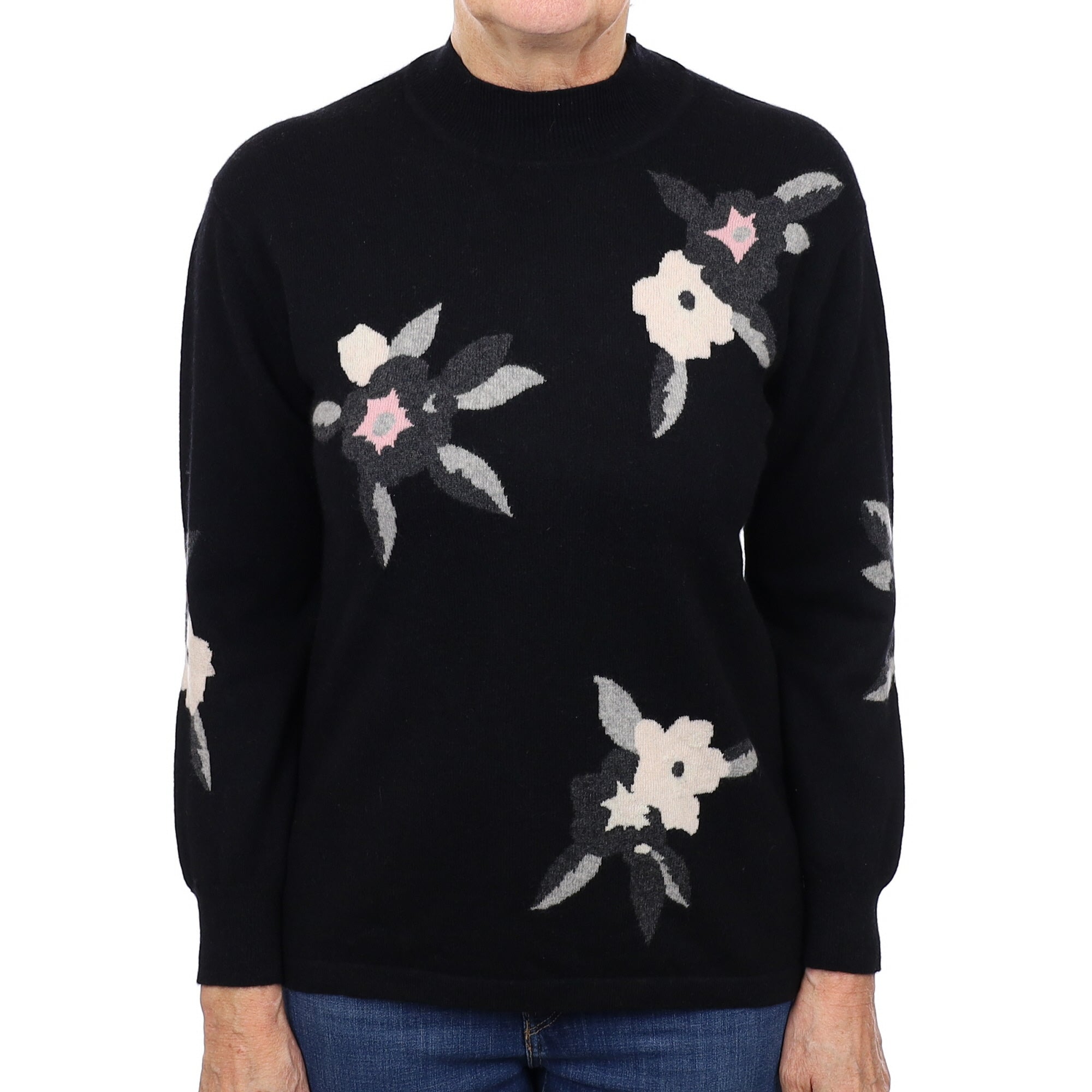 Black Floral Cashmere Turtle Neck Jumper Medium