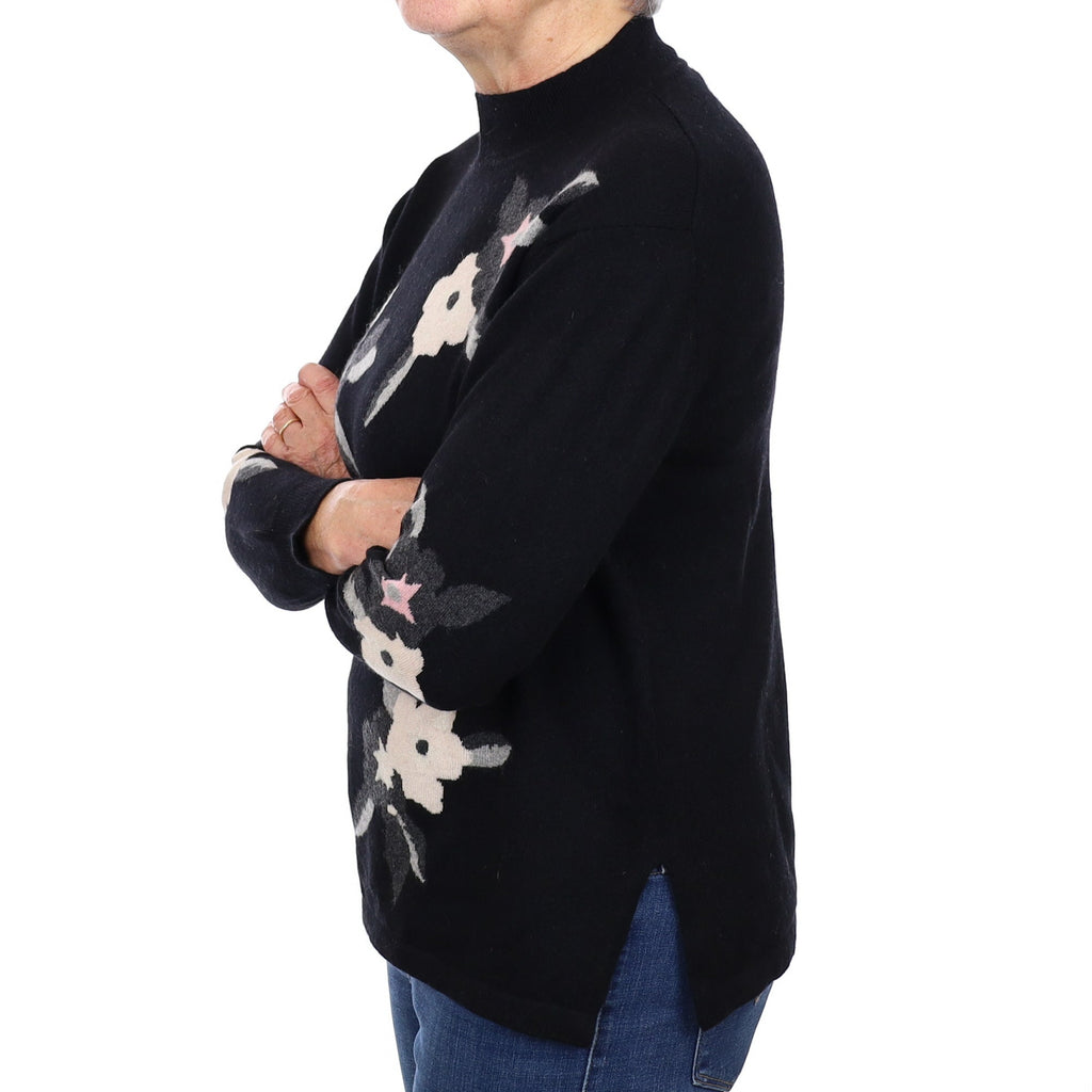 Black Floral Cashmere Turtle Neck Jumper Medium