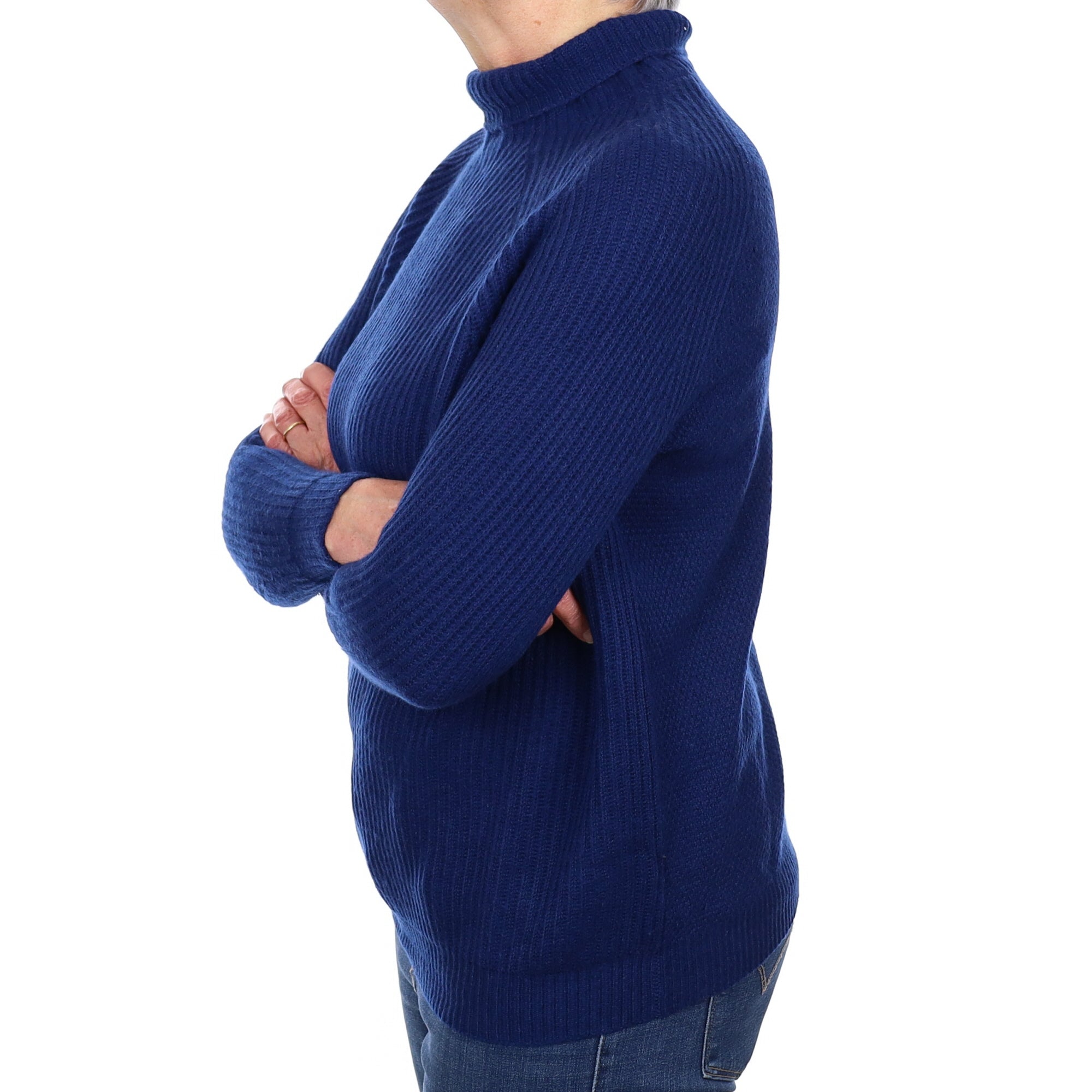 French Navy Rib Cashmere Polo Neck Jumper Medium