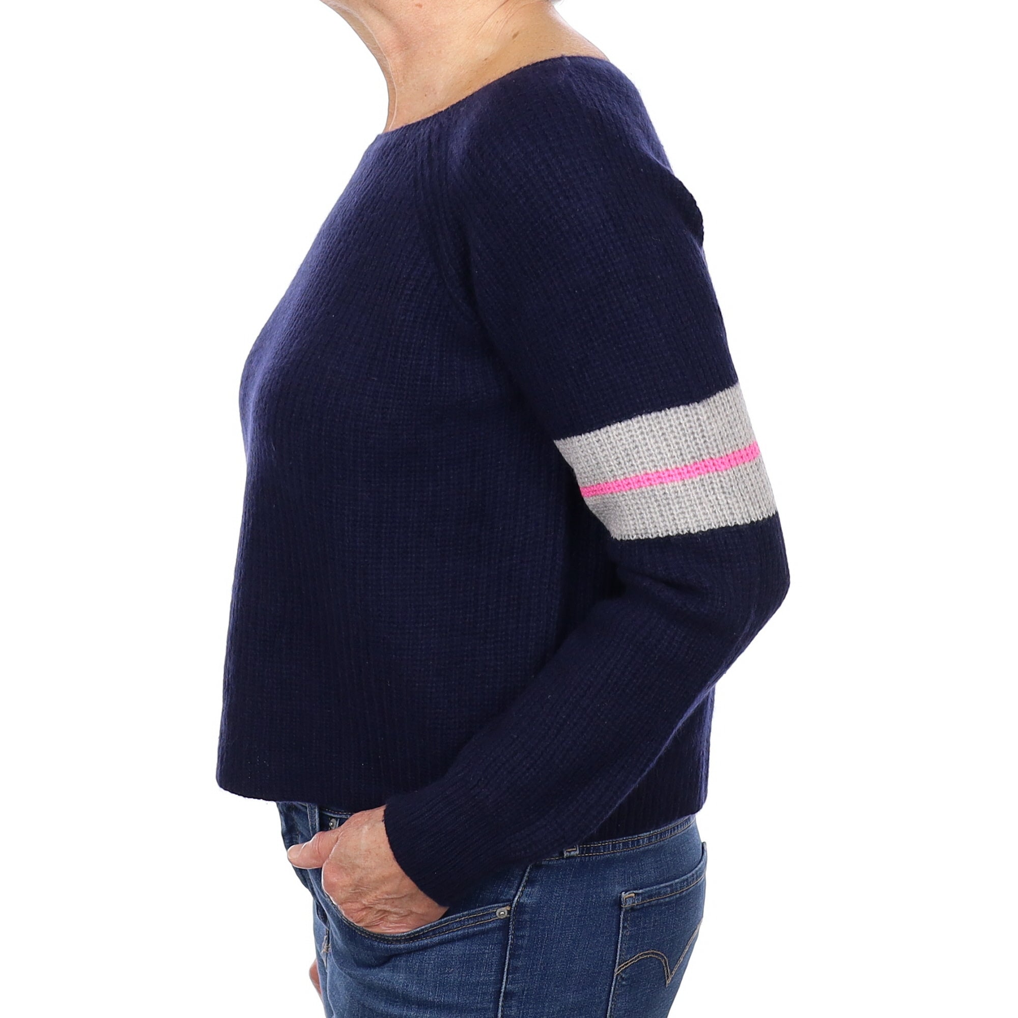 Navy Stripe Sleeve Cashmere Wide Crew Neck Jumper Medium