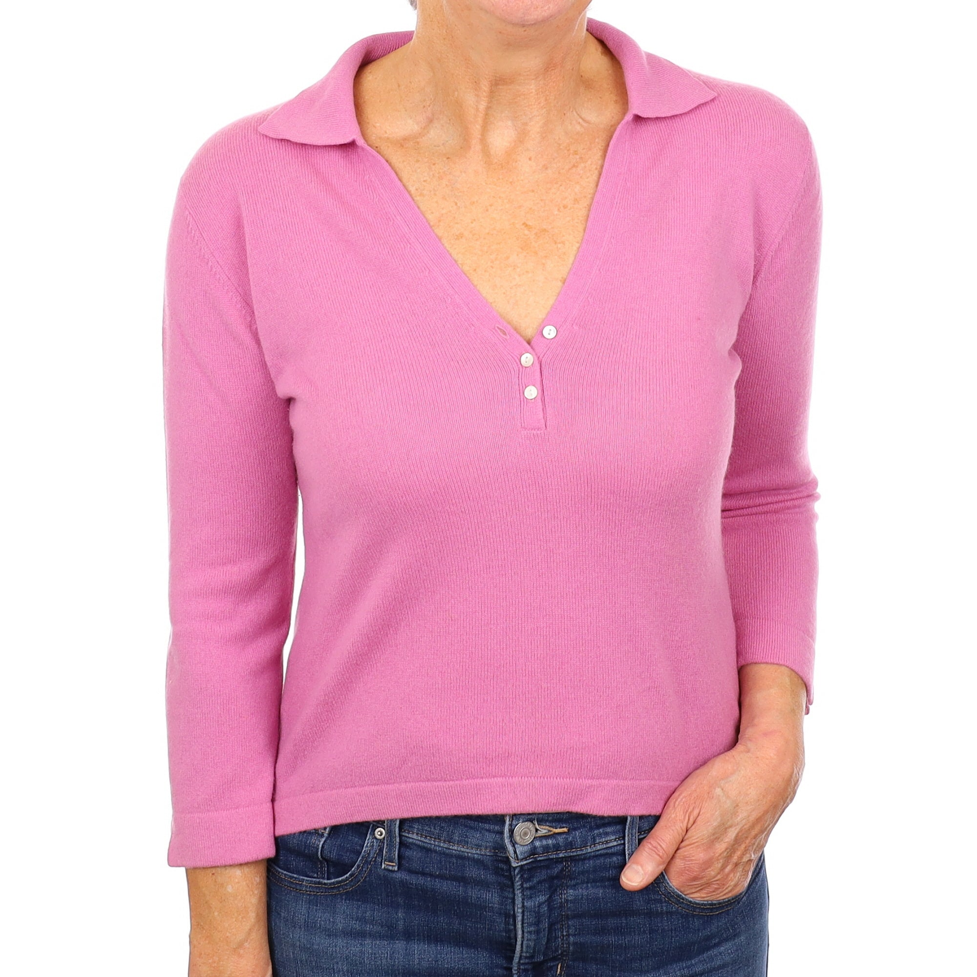 Foxglove Pink Cashmere Collared V Neck Jumper Medium