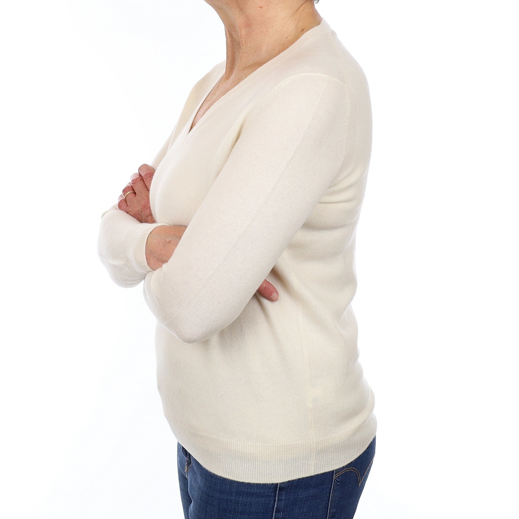 Vanilla Cream Cashmere V Neck Jumper Medium