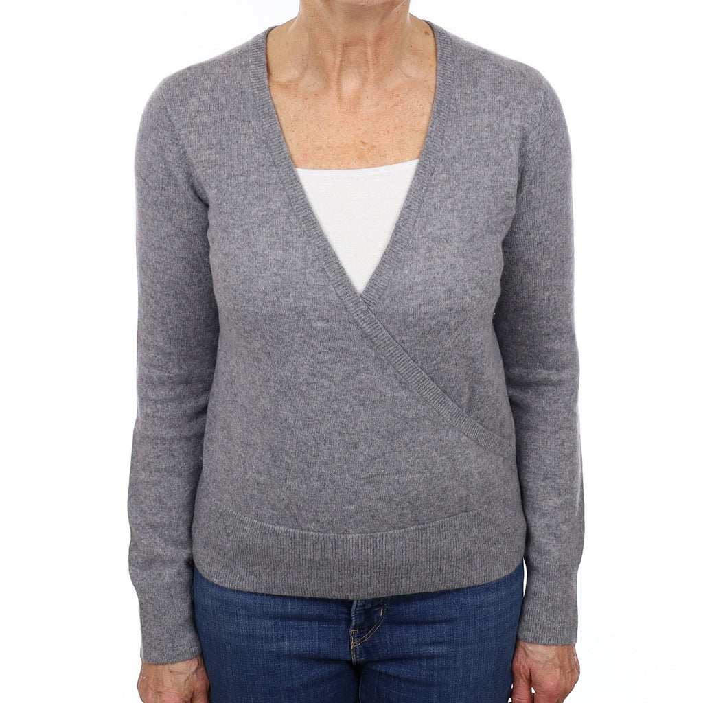 Ash Grey Cashmere Cross Over V Neck Jumper Medium