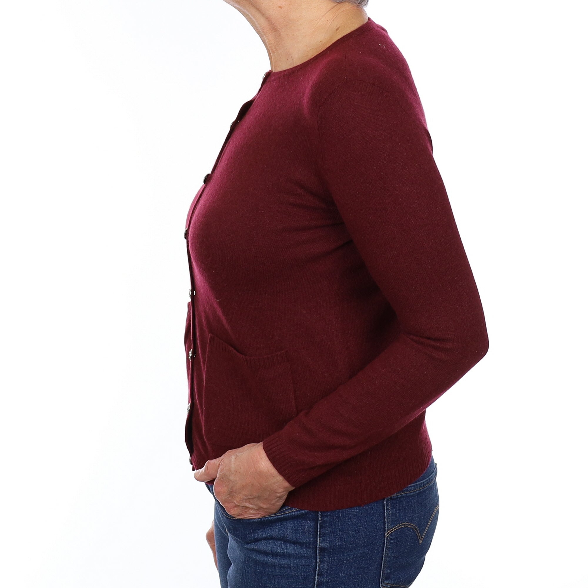 Mulberry Purple Cashmere Crew Neck Cardigan with pockets Medium