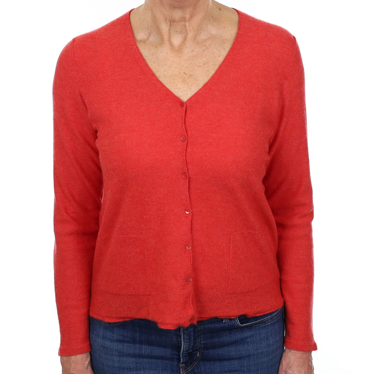 Vermillion Red Cashmere Fine Knit V Neck Cardigan Medium