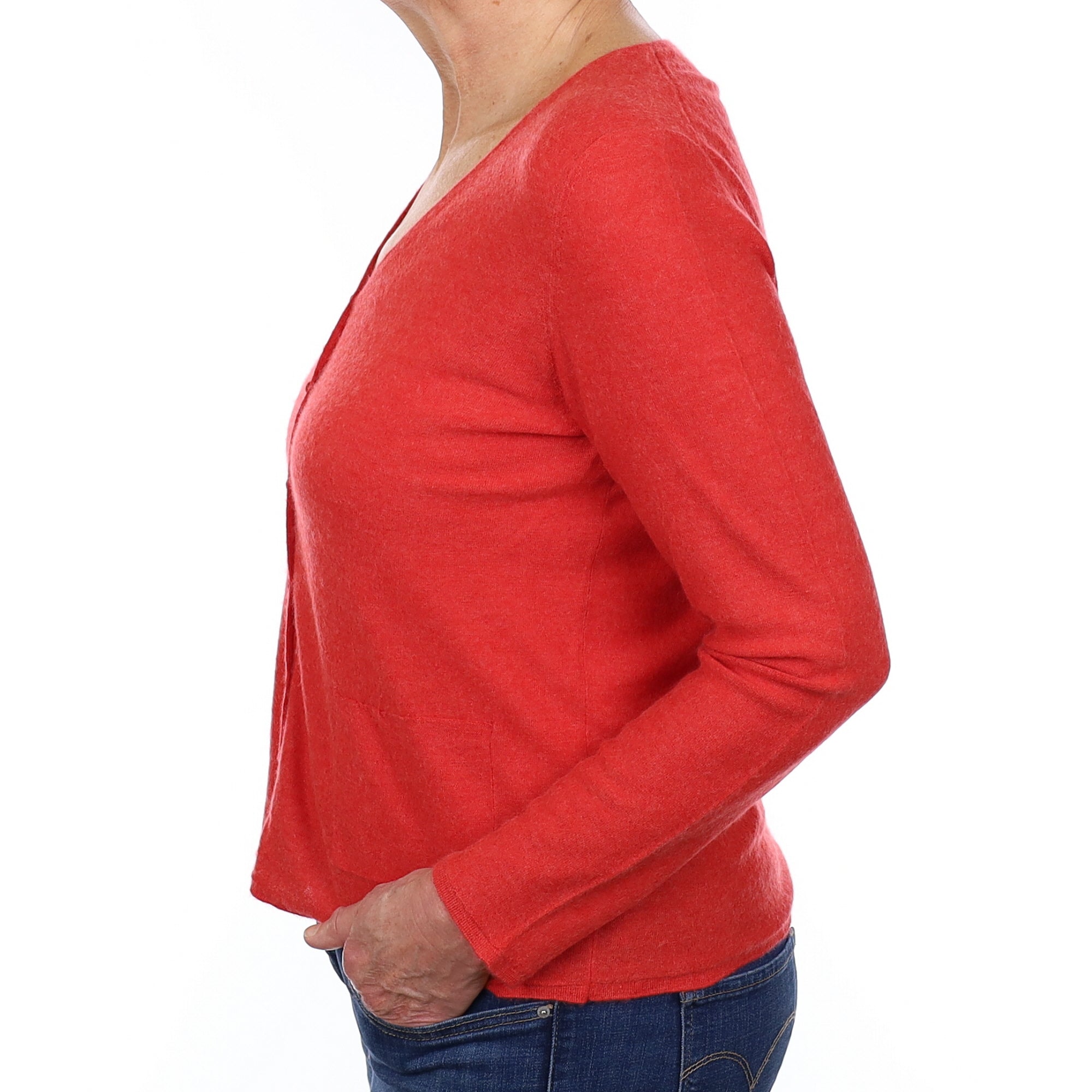 Vermillion Red Cashmere Fine Knit V Neck Cardigan Medium