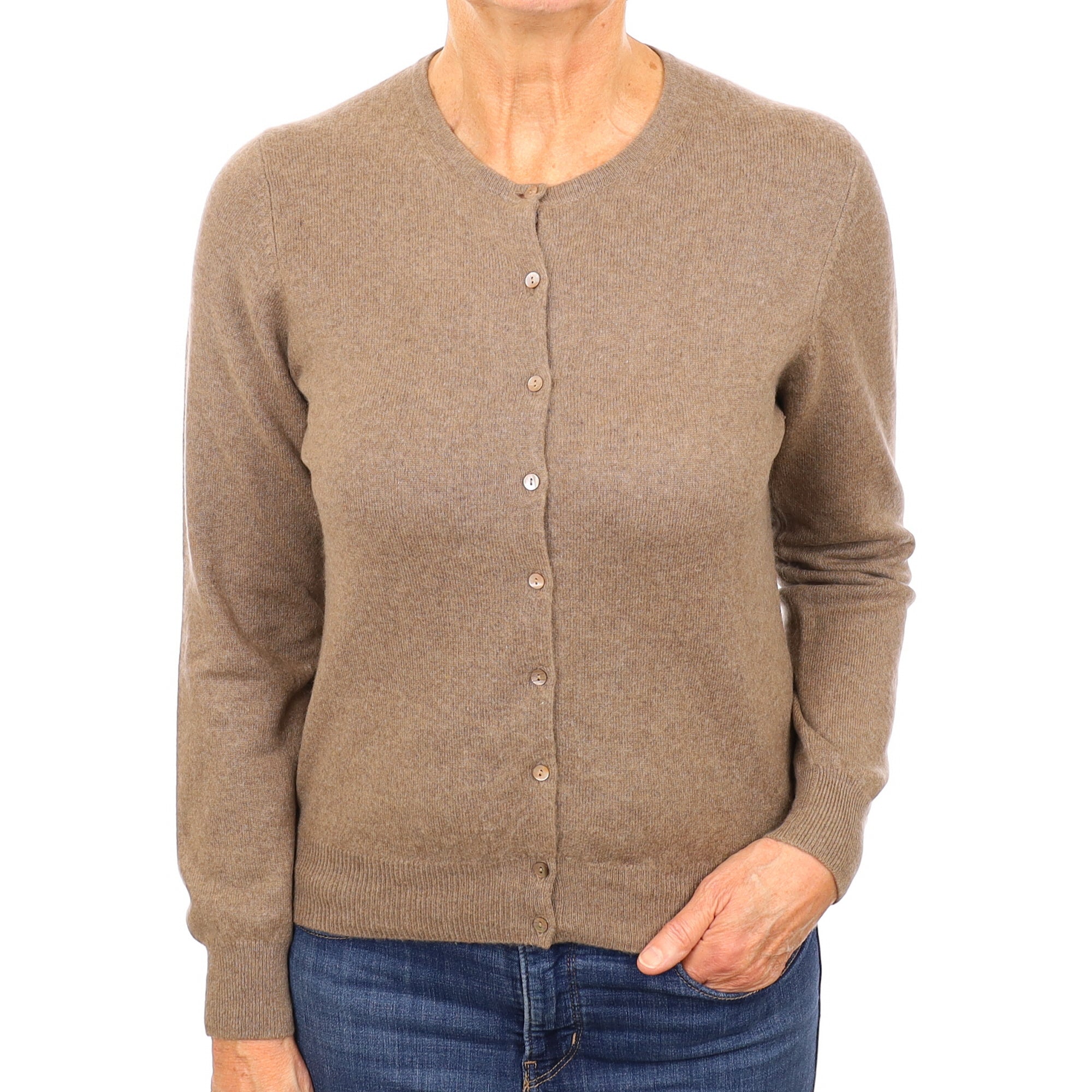 Mocha Brown Cashmere Crew Neck Cardigan Medium