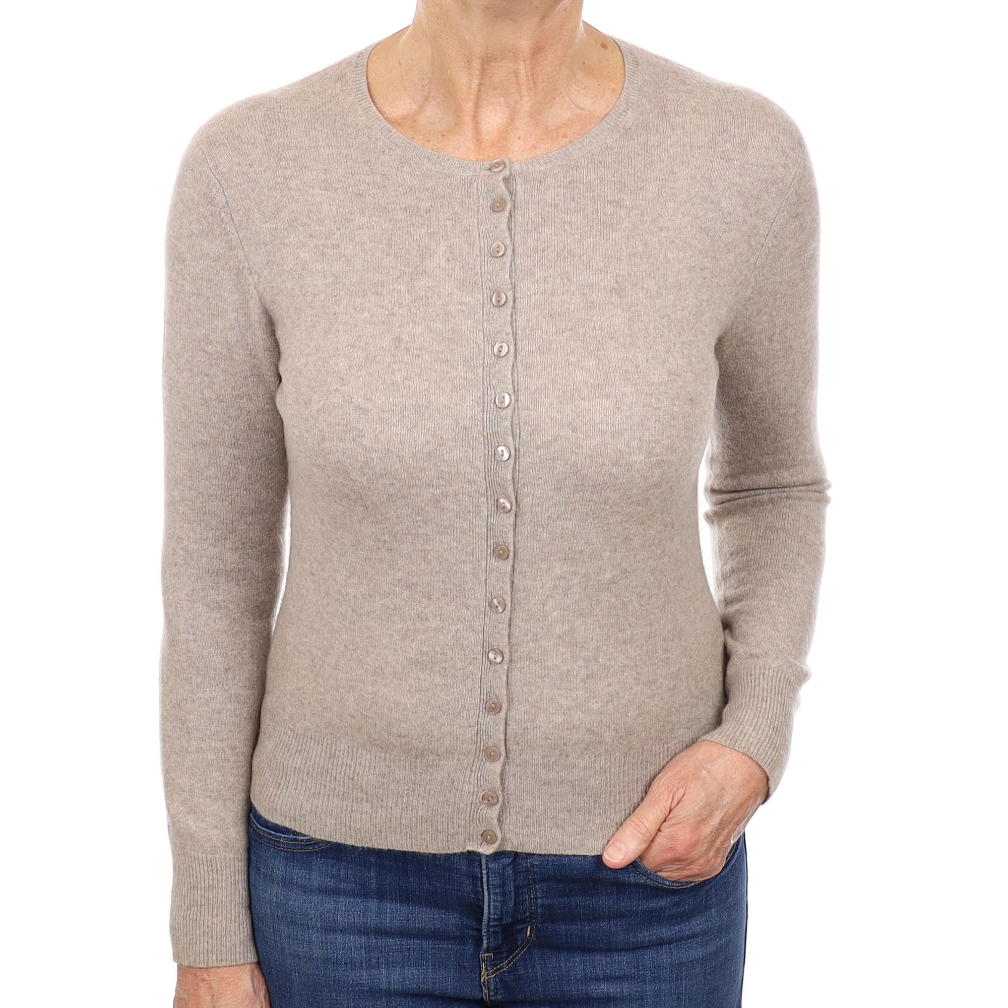 Fawn Cashmere Crew Neck Cardigan Medium