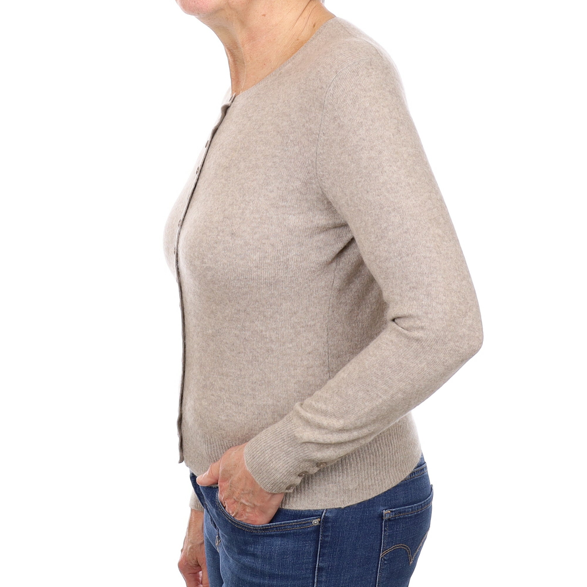 Fawn Cashmere Crew Neck Cardigan Medium