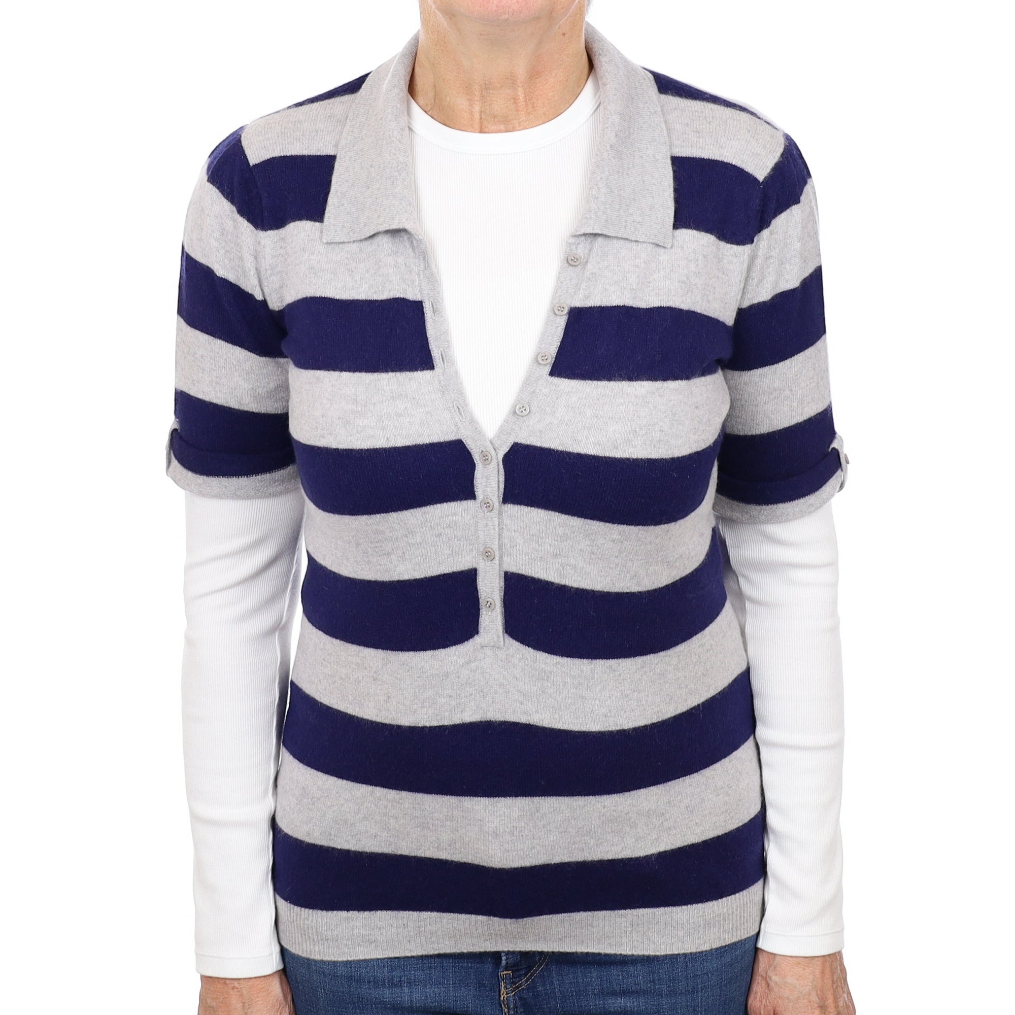 Navy and Grey Striped Cashmere Short-Sleeved Jumper Medium with Collar