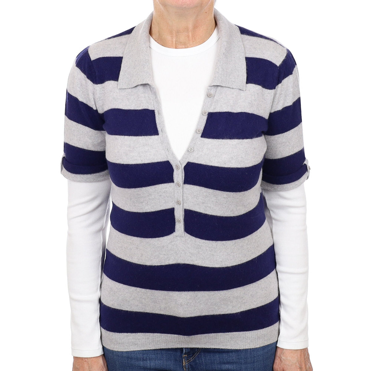 Navy and Grey Striped Cashmere Short-Sleeved Jumper Medium with Collar