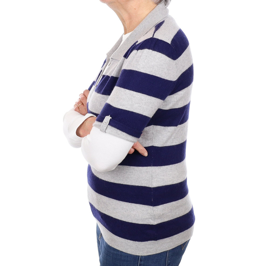 Navy and Grey Striped Cashmere Short-Sleeved Jumper Medium with Collar