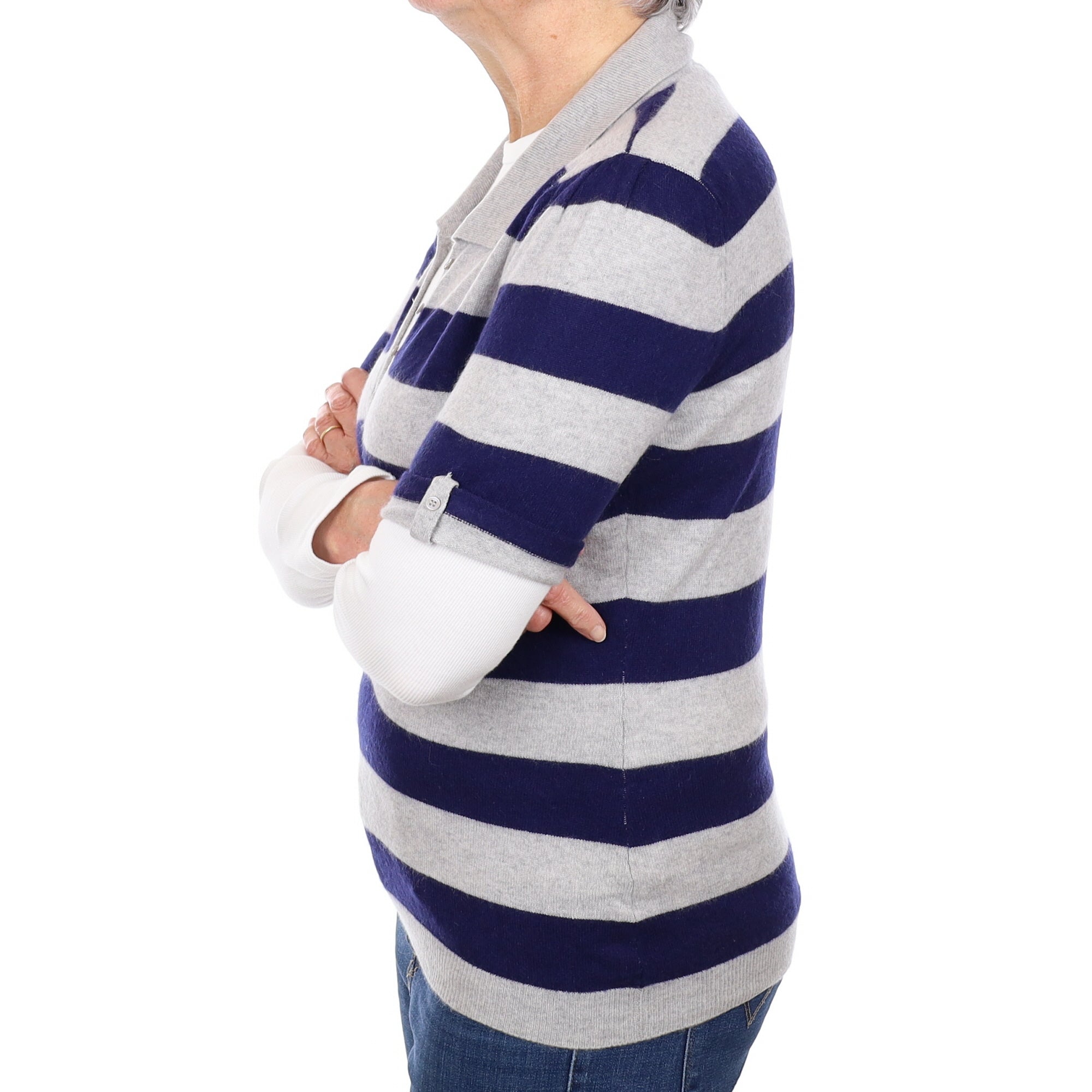 Navy and Grey Striped Cashmere Short-Sleeved Jumper Medium with Collar